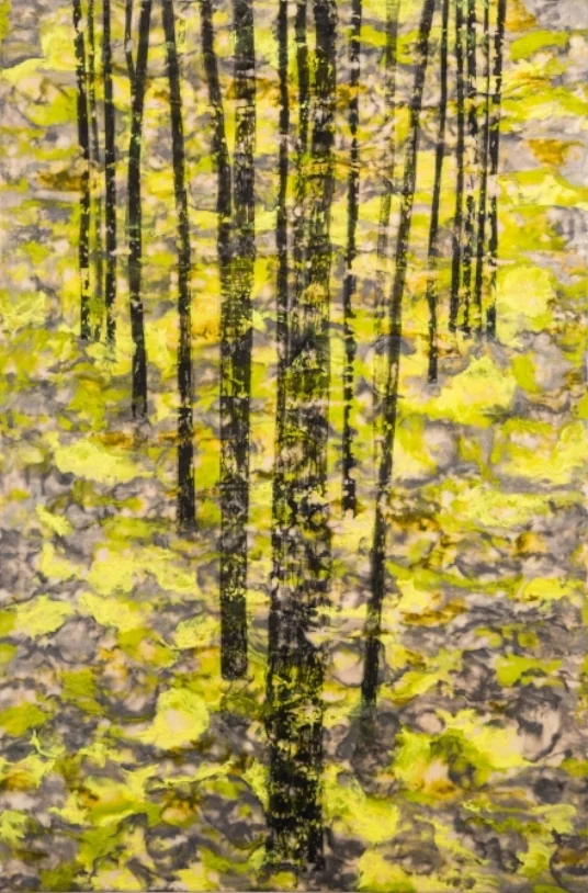   Through the Trees  Encaustic, oil stick, image transfer on panel 36 x 24 inches   