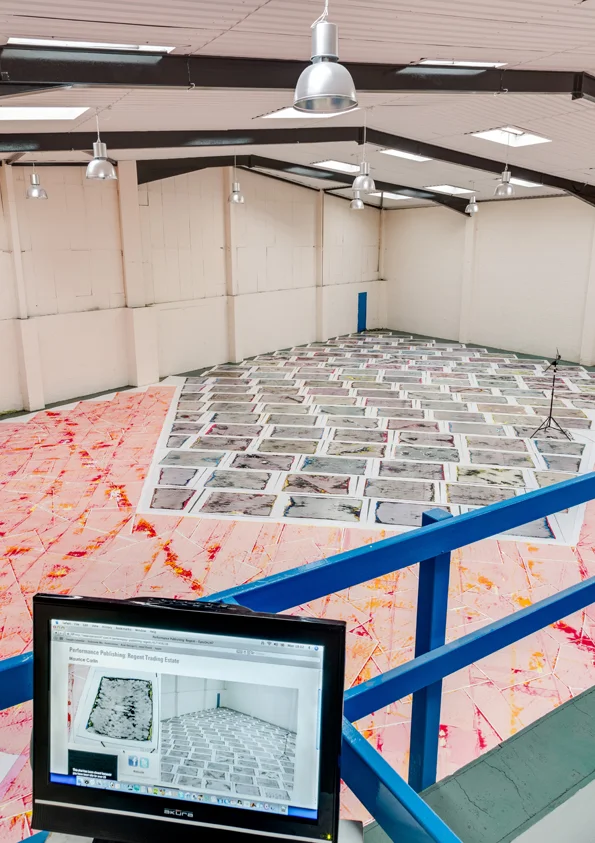 Performance Publishing: Regent Trading Estate (2013), Installation view with live webstream displayed on monitor