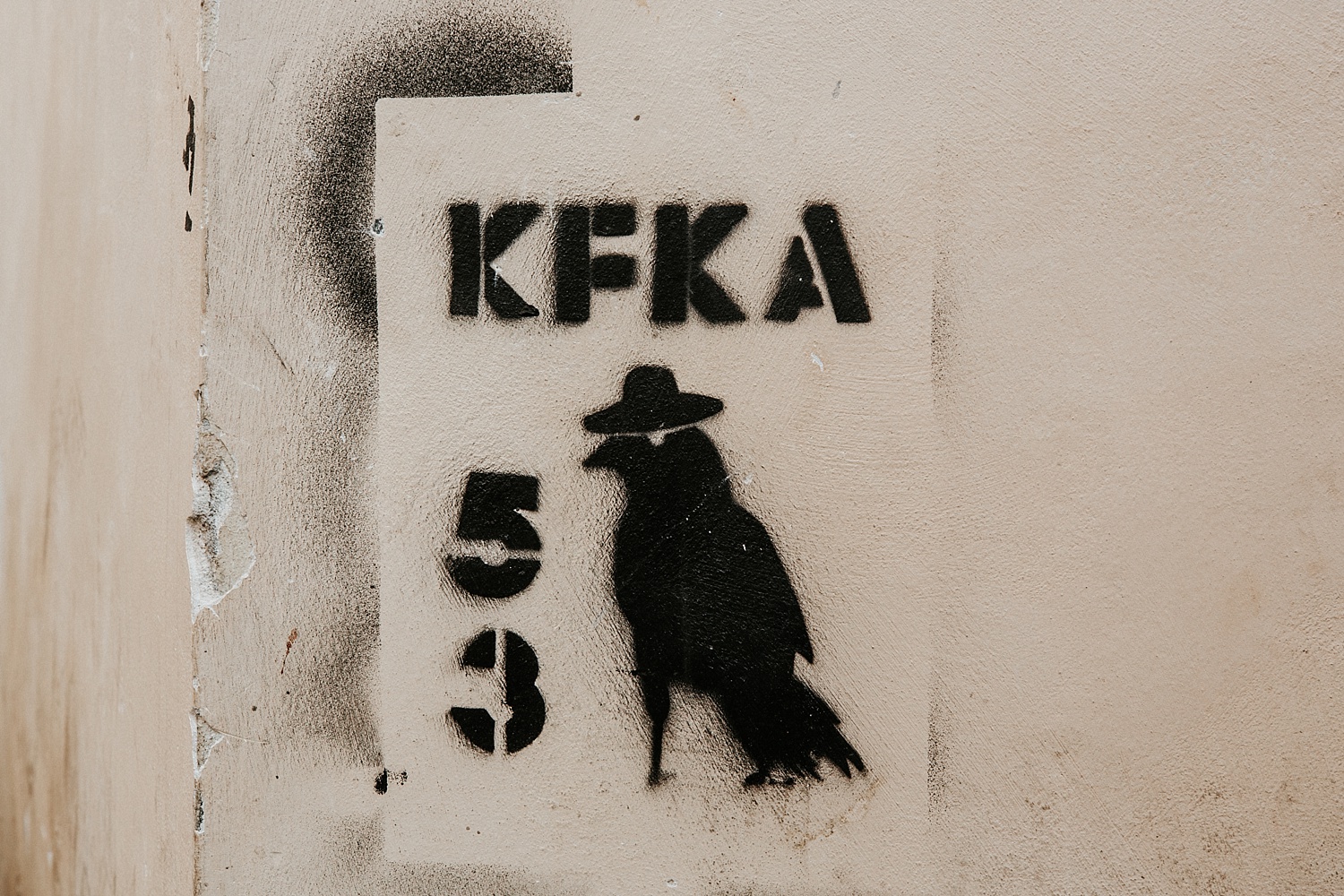 KFKA #53 crow street art (Franz Kafka), Prague, Czech Republic