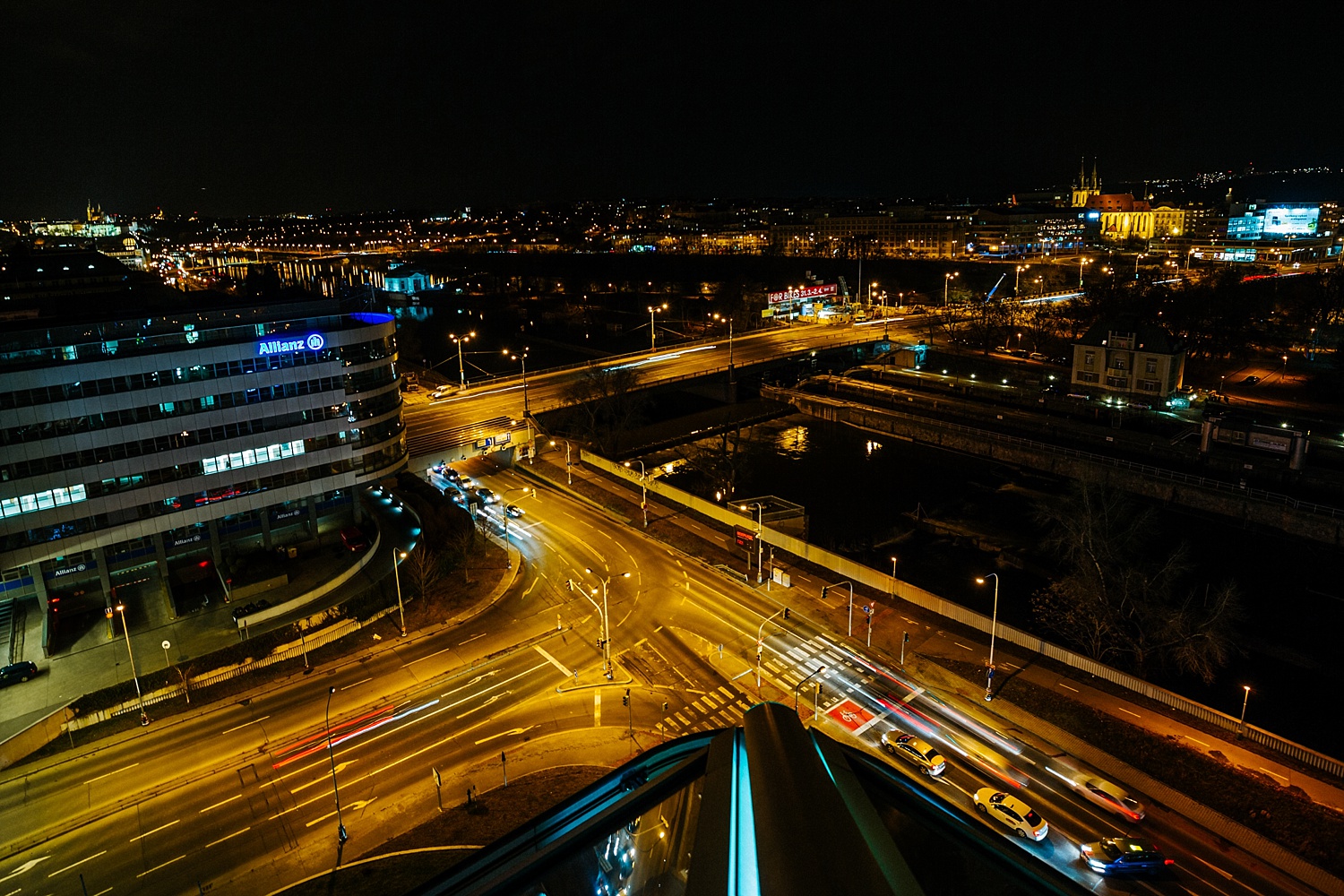 A nighttime view of Prague, taken from the Cloud 9 sky bar at the Hilton Prague