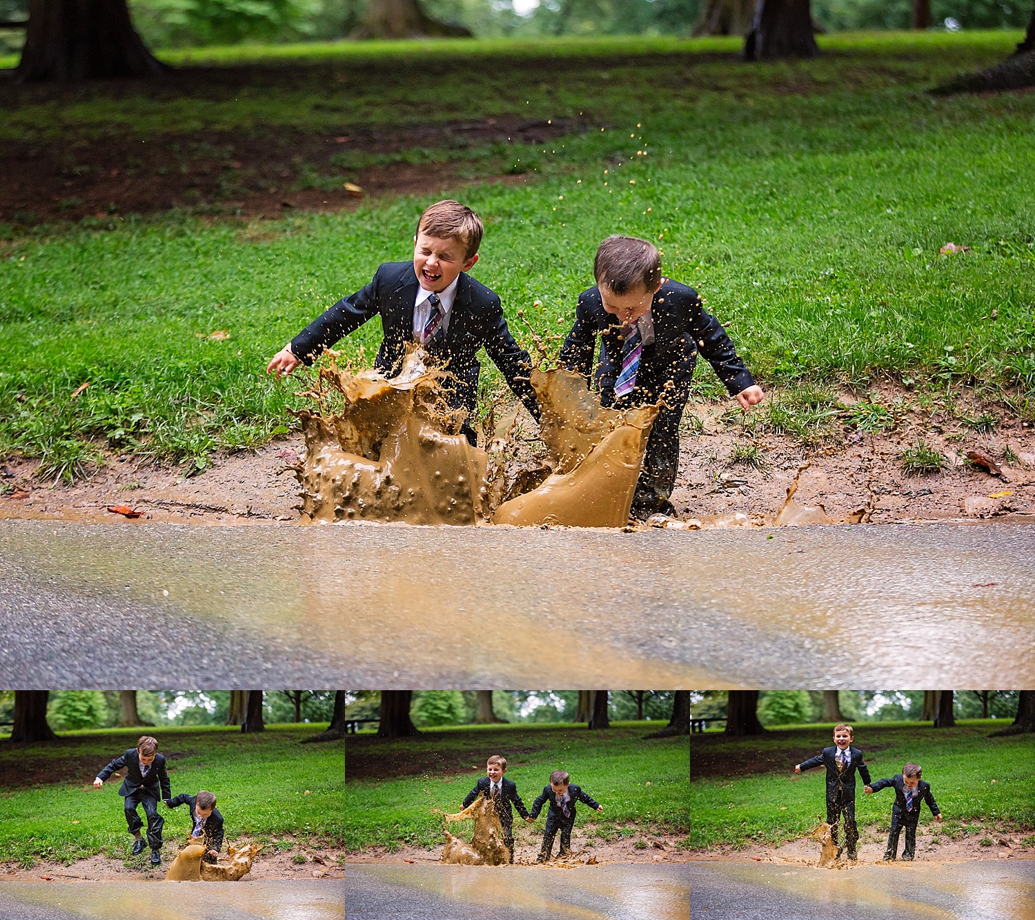 West Chester Pennsylvania Wedding Photographer Family Vow Renewal Anniversary Oakbourne Mansion Park rain mud puddle