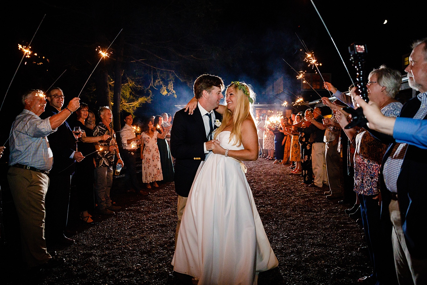 Pocono Lake Pennsylvania outdoor woodsy forest wedding photographer sparkler exit