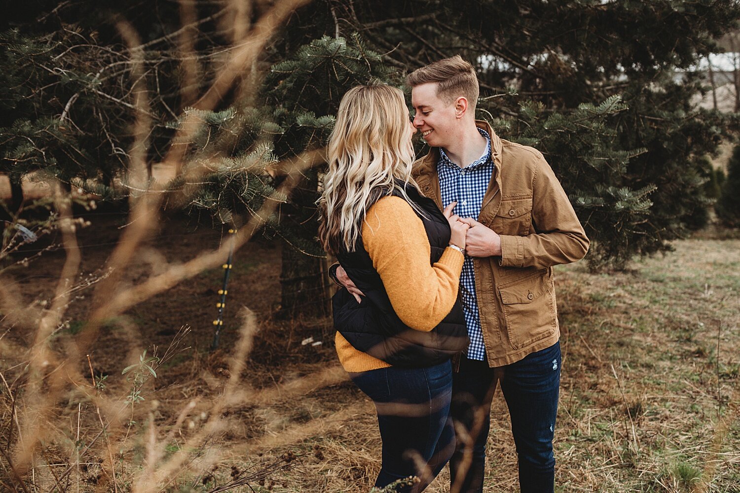 Reinhart's Barn Christmas Tree Farm engagement Berks County fall wedding portrait photographer