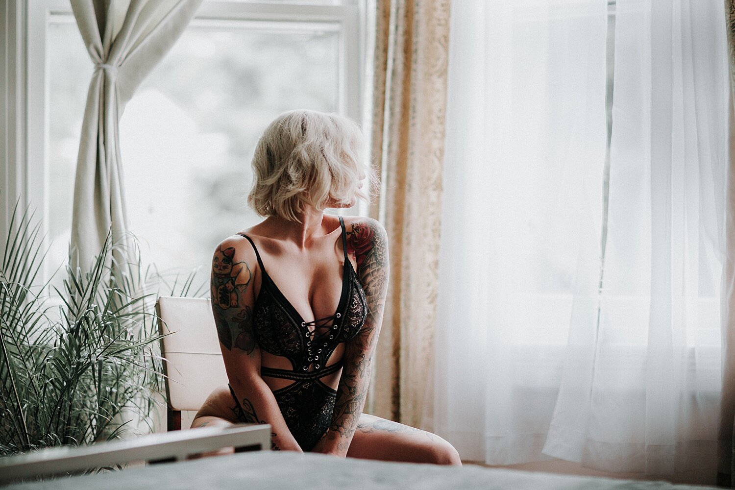 Philadelphia mansion boudoir photography model photoshoot empowerment session tattoo