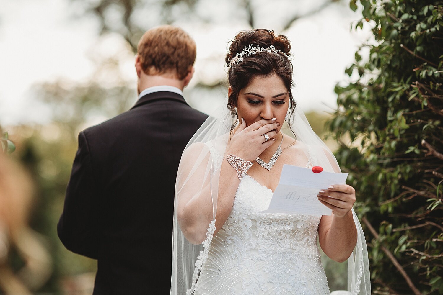 Downingtown Pennsylvania first look note reading photographer emotional couple wedding desmond inn