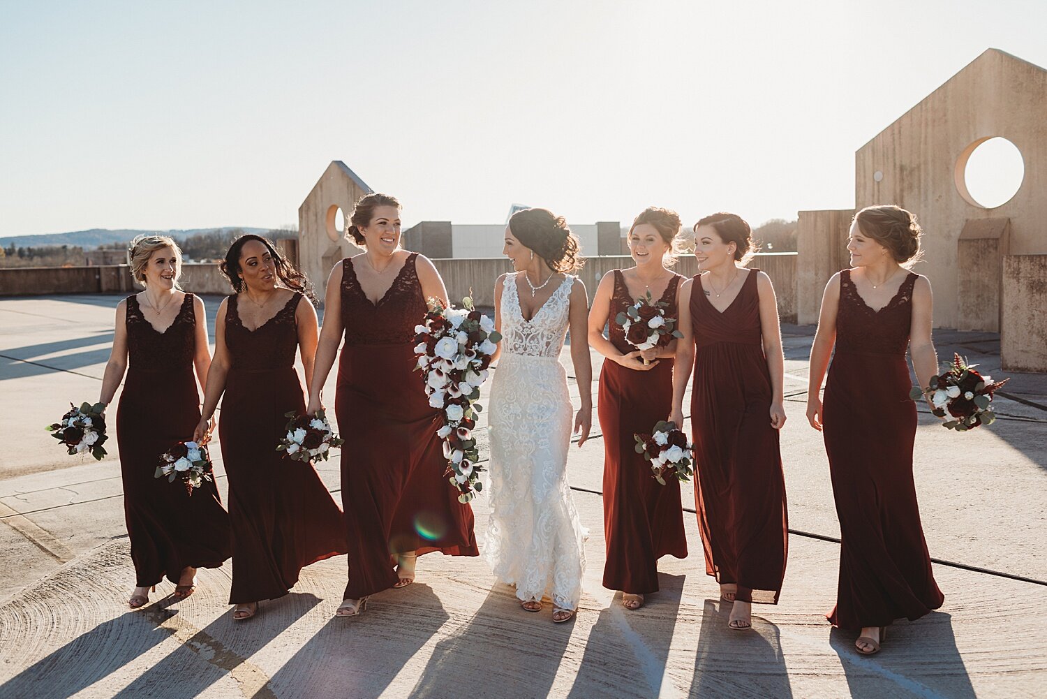 Goggleworks parking lot multi racial inclusive wedding photographer Reading Pennsylvania bridesmaids rooftop Berks County 
