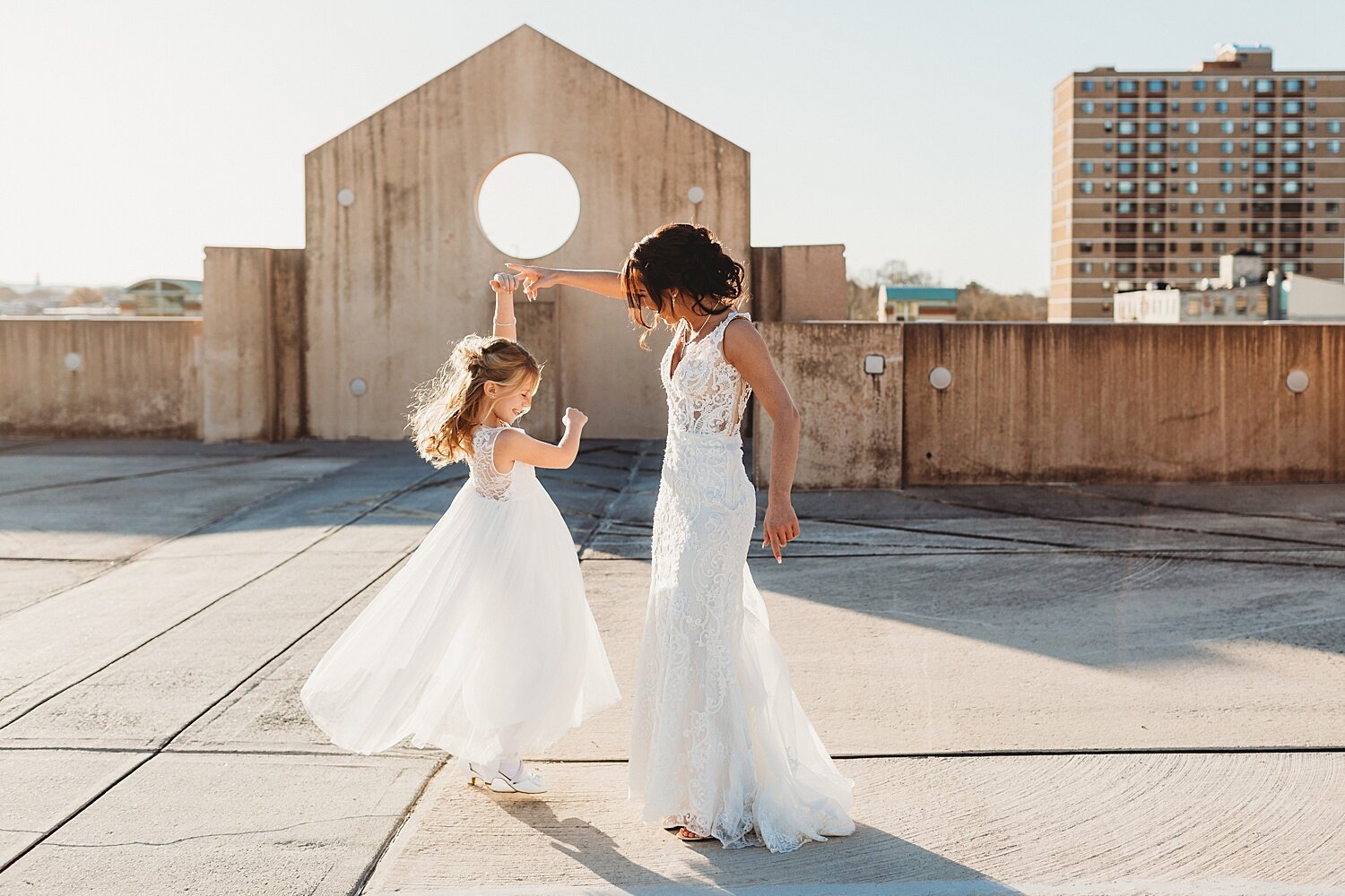 GoggleWorks parking garage rooftop sunset golden hour bride flower girl wedding portrait photographer Pennsylvania Berks County dance dancing