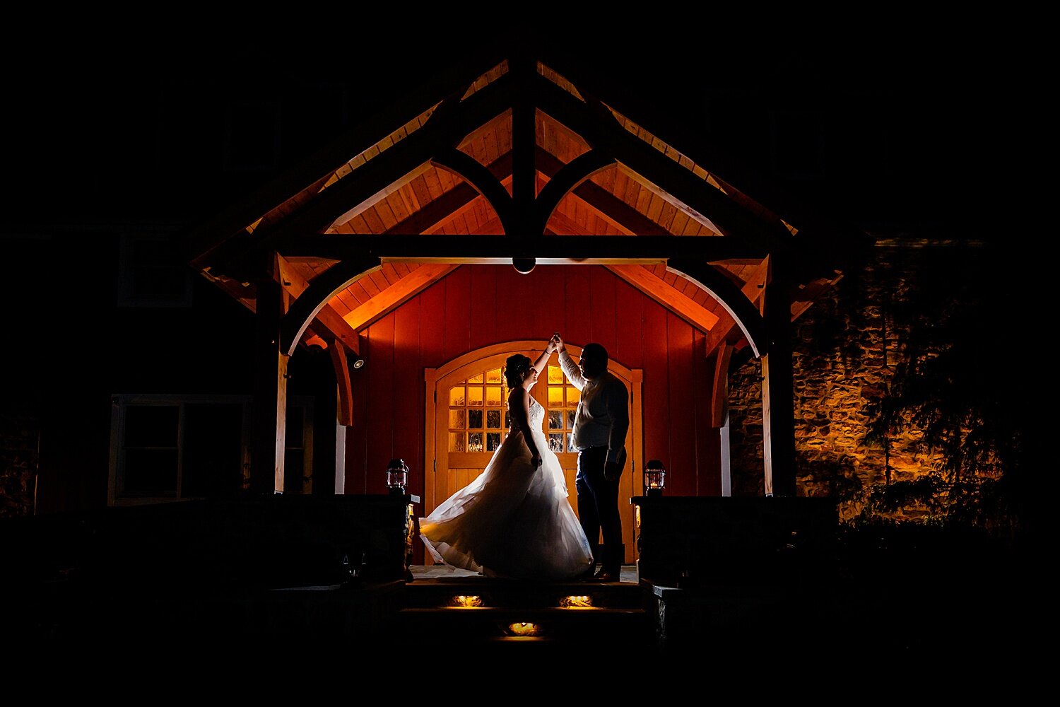 Bally Spring Inn nighttime artistic flash portrait reception wedding Pennsylvania beautiful bride groom