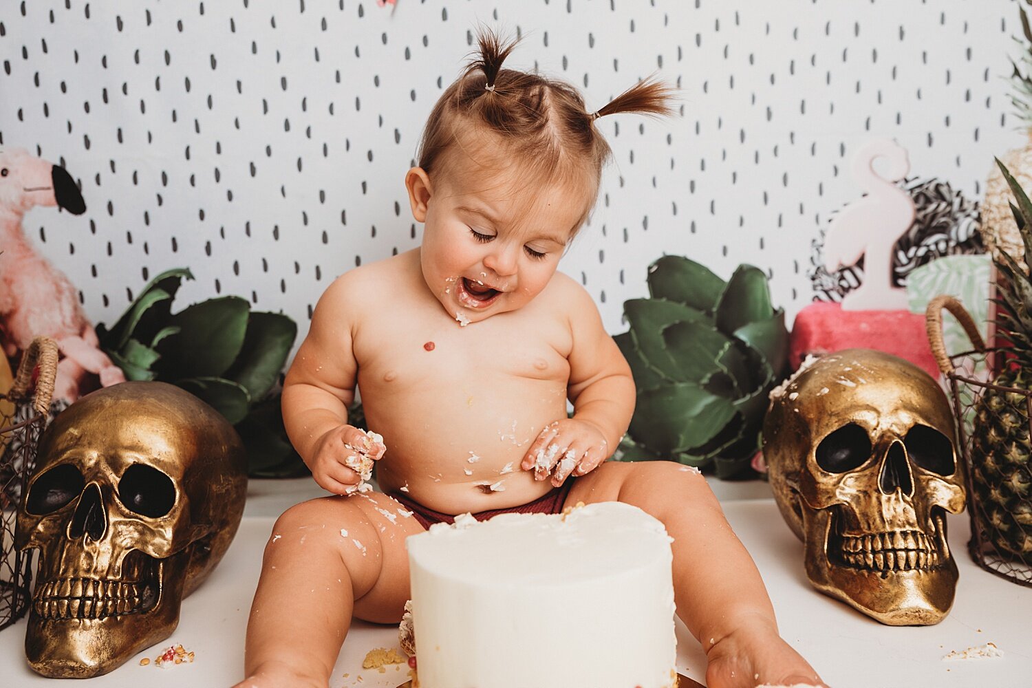 First birthday cake smash photoshoot pineapple skull fall autumn Pennsylvania