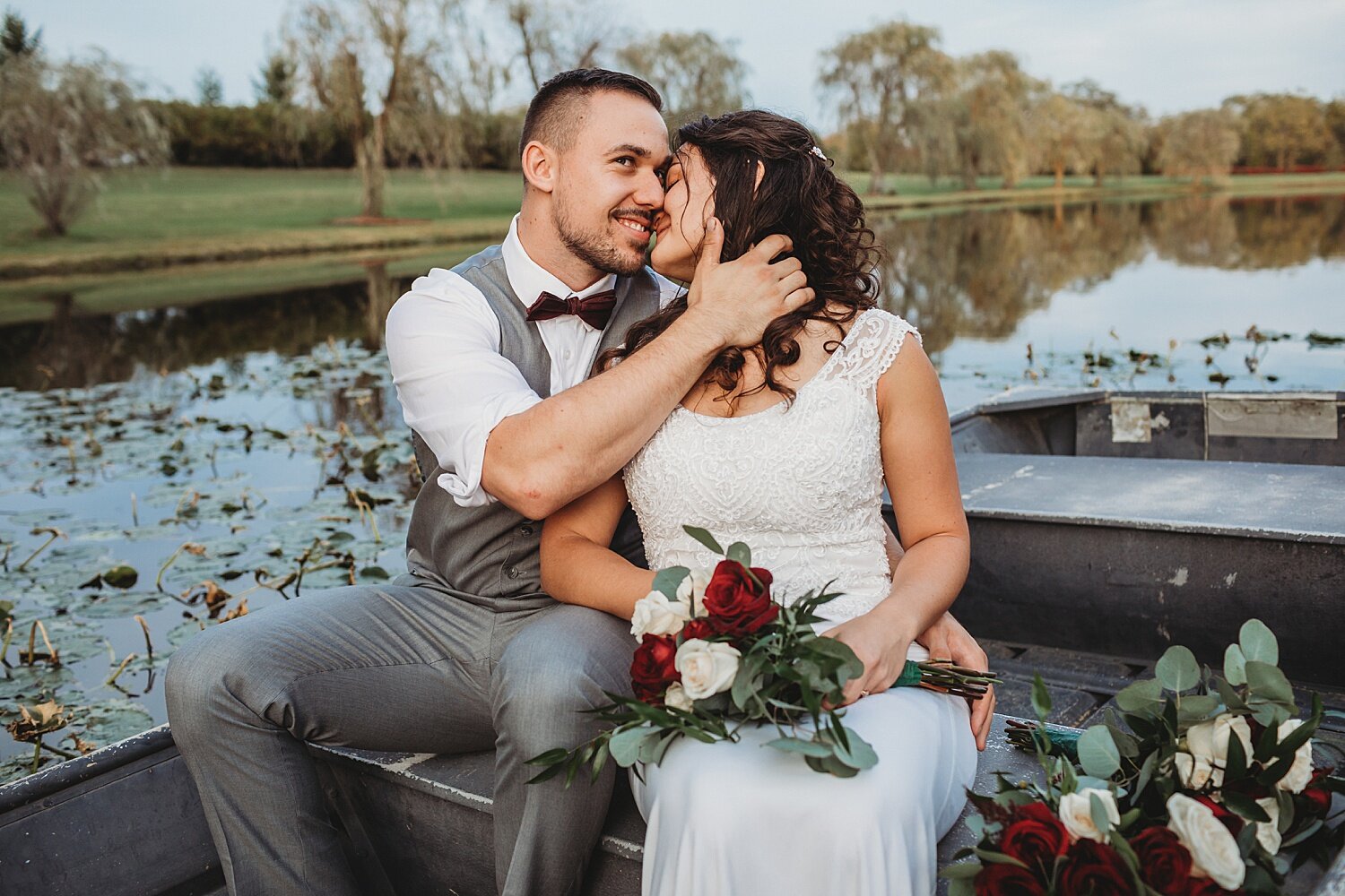 Wind in the Willows Grantville Central Pennsylvania Wedding Photographer pond rowboat bride groom