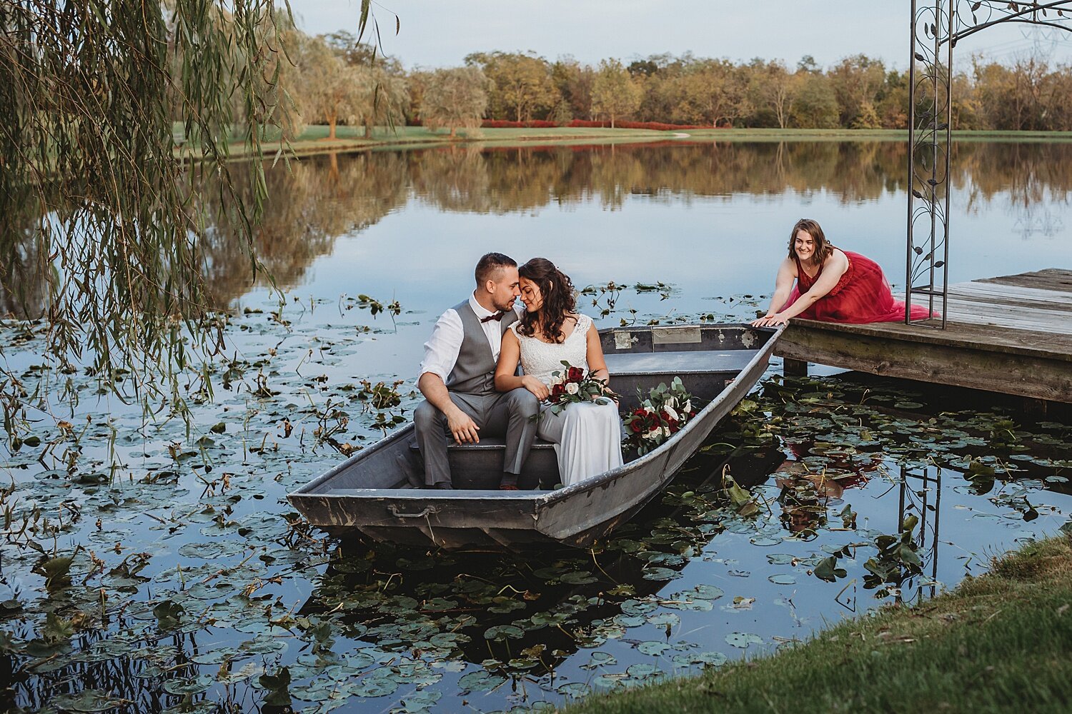 Wind in the Willows Grantville Central Pennsylvania Wedding Photographer pond rowboat bride groom