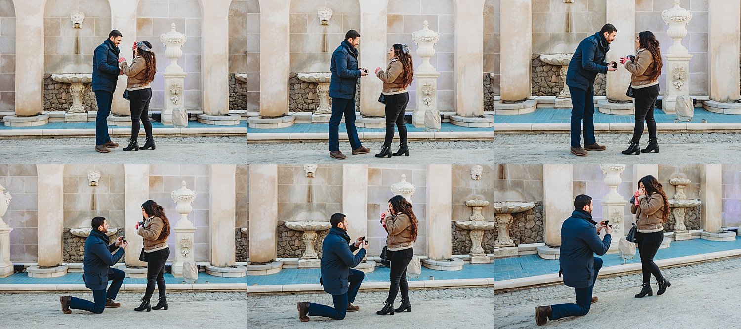 Longwood Gardens engagement surprise proposal wedding photographer Pennsylvania winter Christmas lights