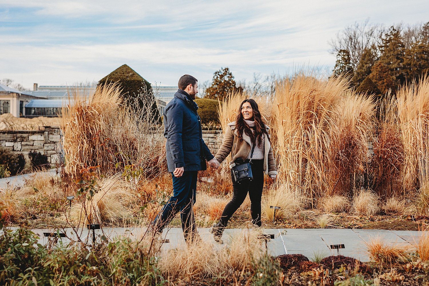 Longwood Gardens engagement surprise proposal wedding photographer Pennsylvania winter Christmas lights