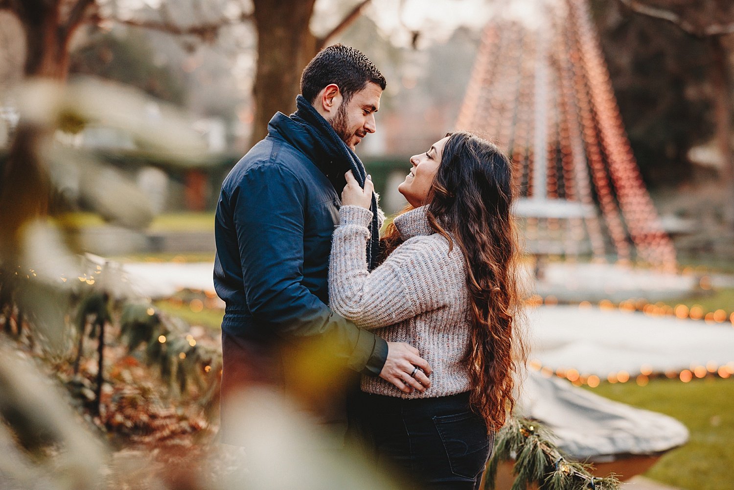 Longwood Gardens engagement surprise proposal wedding photographer Pennsylvania winter Christmas lights