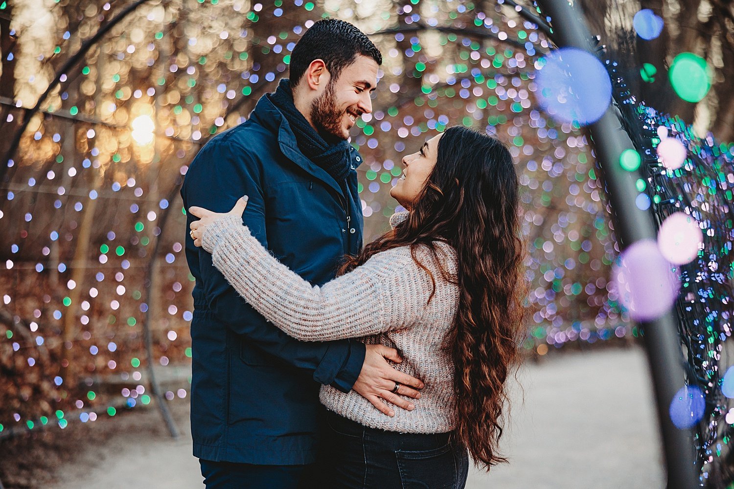Longwood Gardens engagement surprise proposal wedding photographer Pennsylvania winter Christmas lights