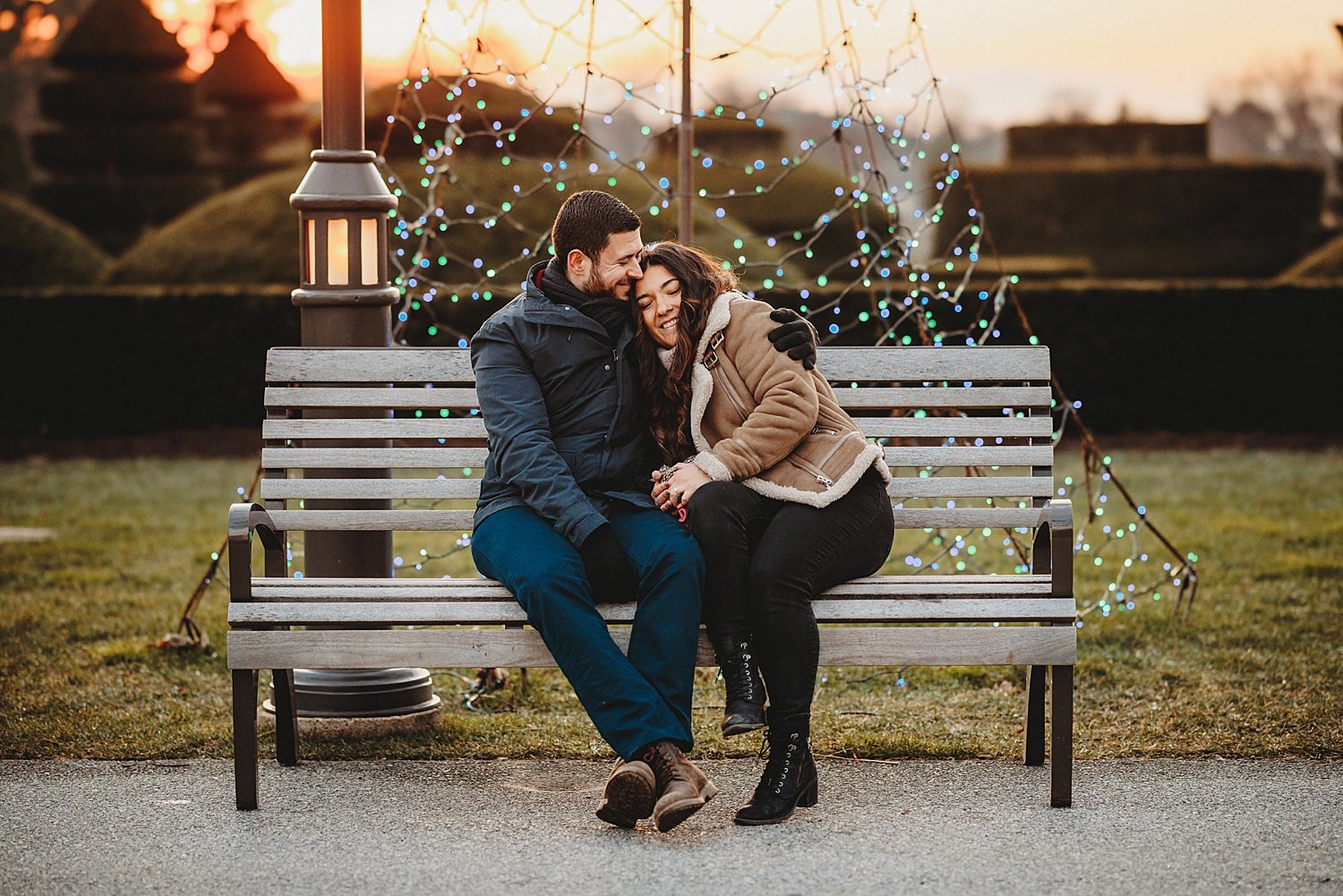 Longwood Gardens engagement surprise proposal wedding photographer Pennsylvania winter Christmas lights