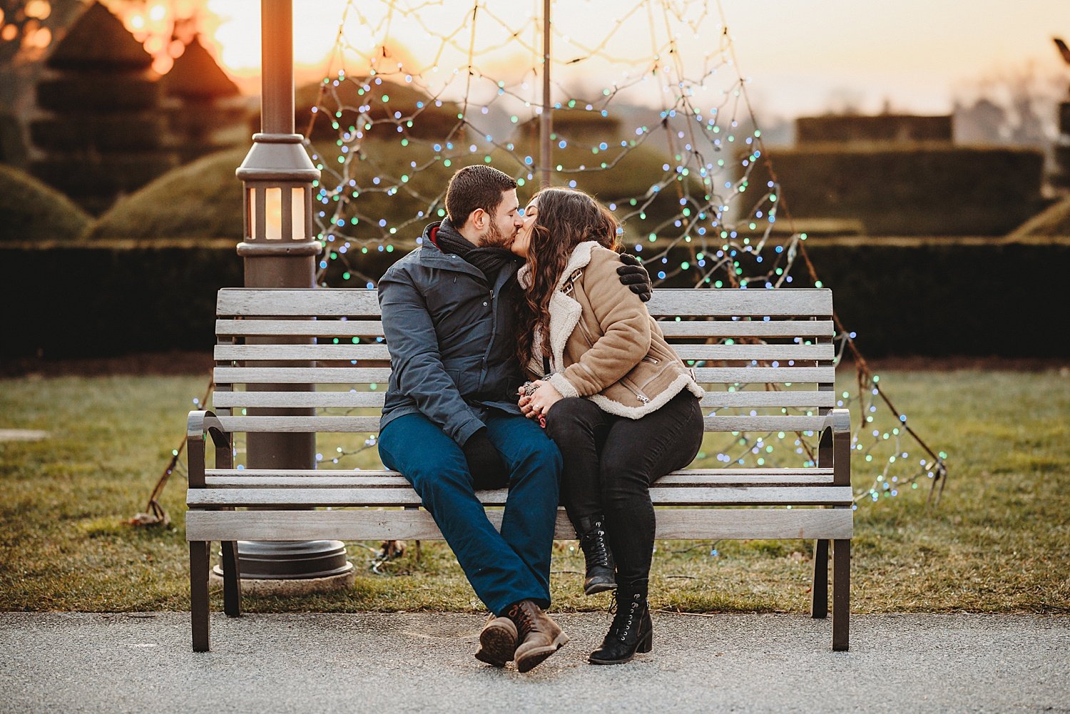 Longwood Gardens engagement surprise proposal wedding photographer Pennsylvania winter Christmas lights