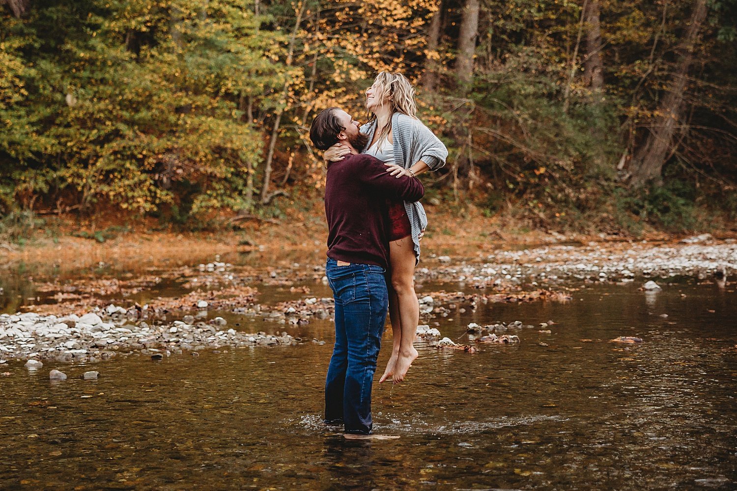 Trexler Nature Preserve Lehigh Valley fall outdoor wedding engagement session Pennsylvania photographer sexy romantic couple golden hour sunset water river