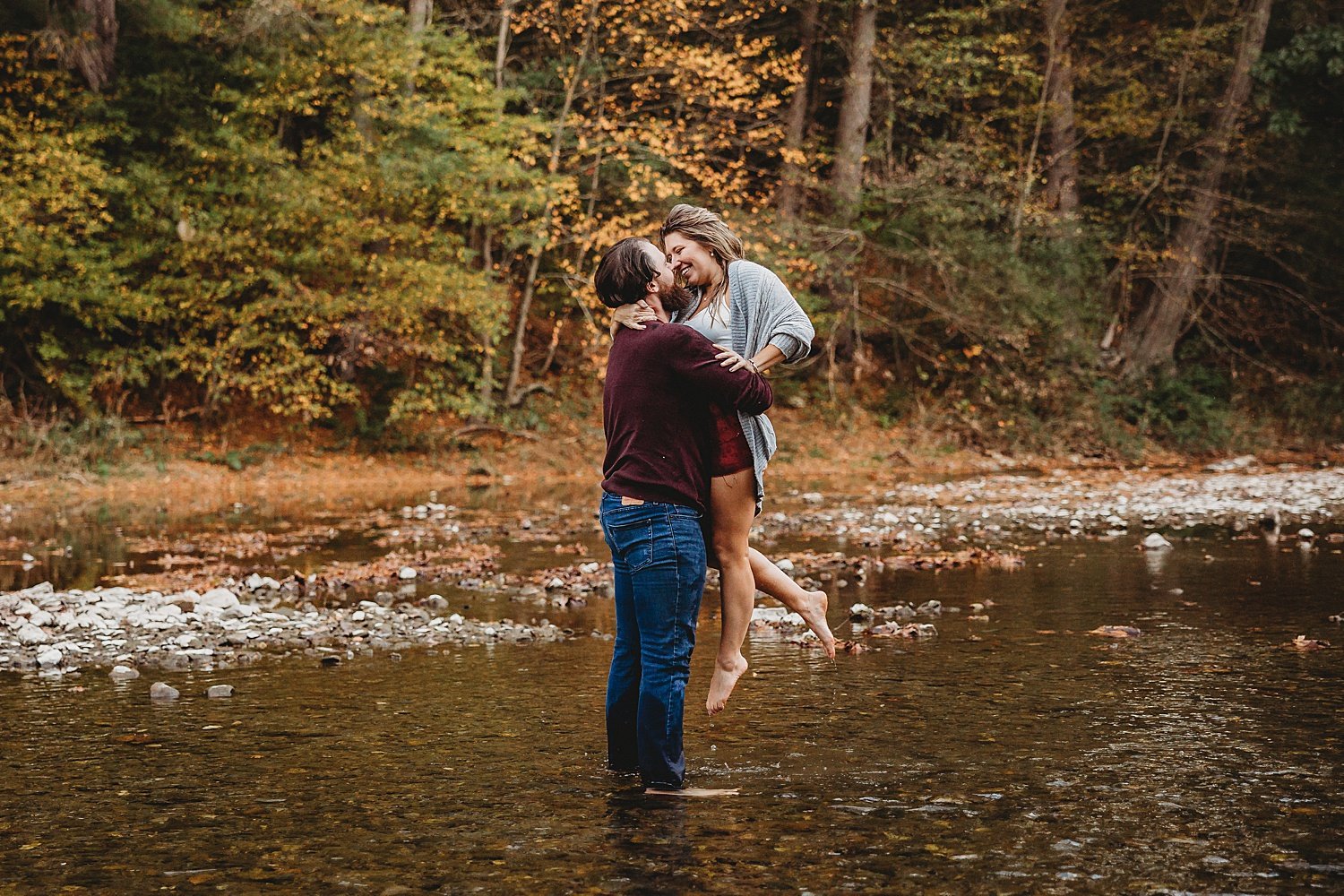 Trexler Nature Preserve Lehigh Valley fall outdoor wedding engagement session Pennsylvania photographer sexy romantic couple golden hour sunset water river