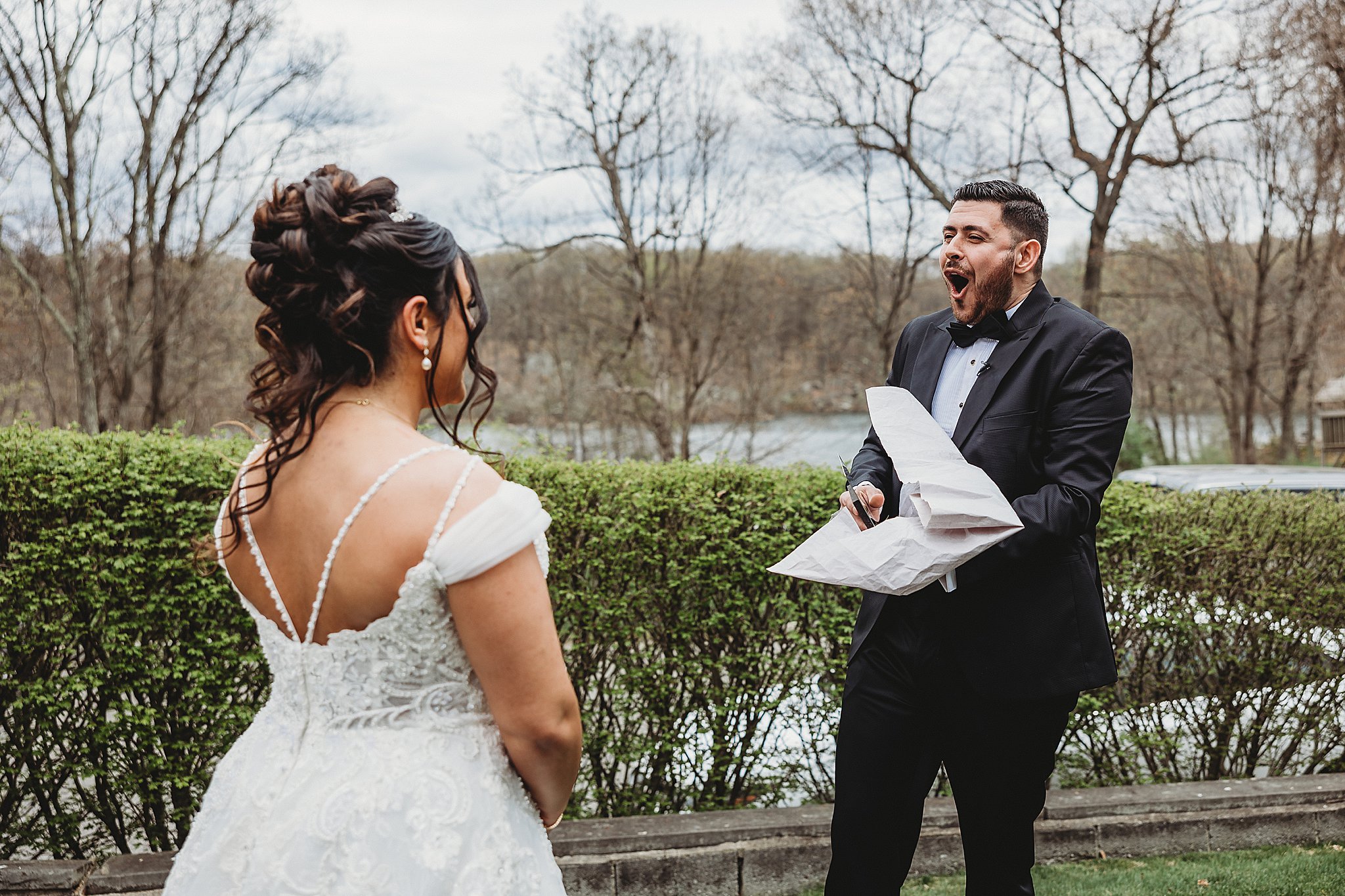 Perona Farms New Jersey wedding elopement photographer groom fun reaction gift first look