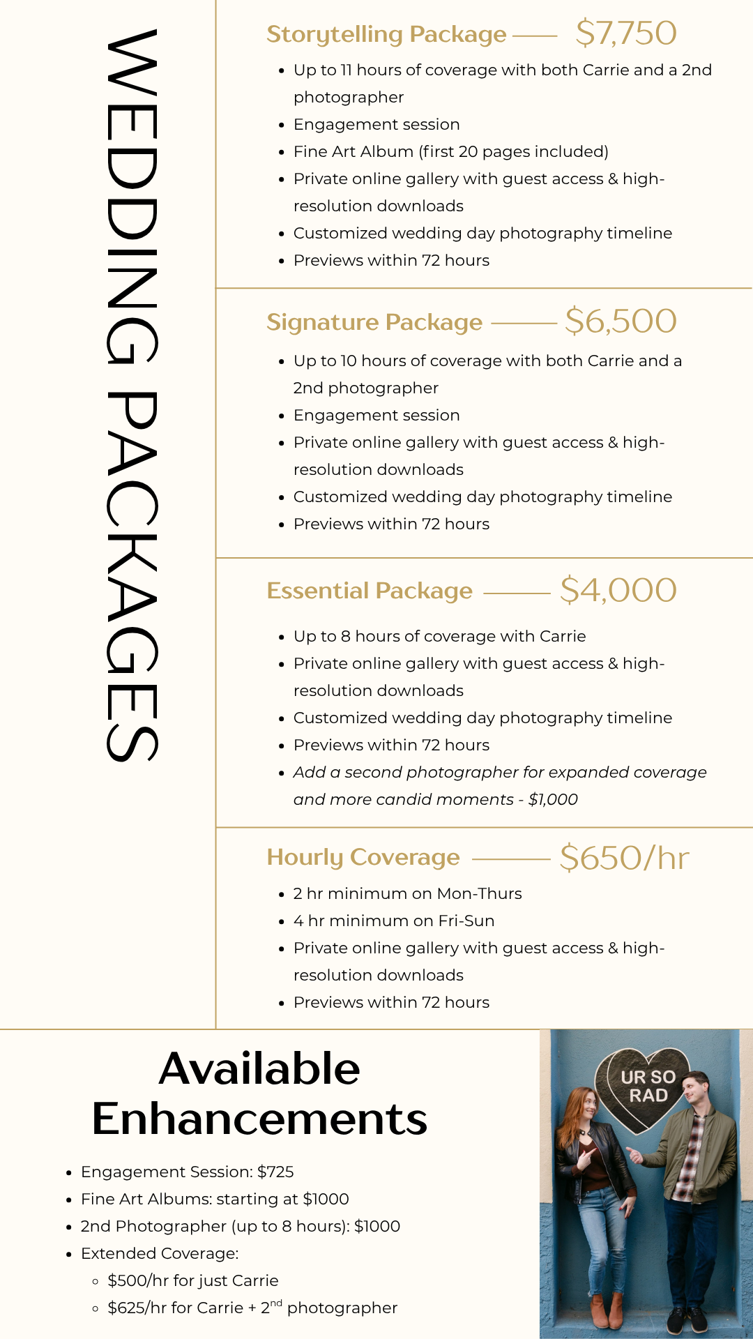 Carrie Kizuka wedding photography packages pricing