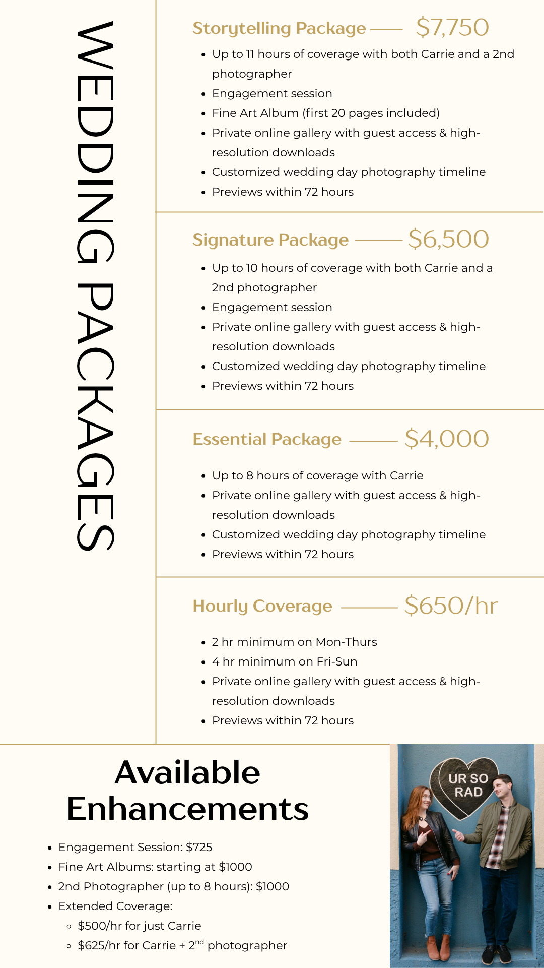 Carrie Kizuka wedding photography packages pricing