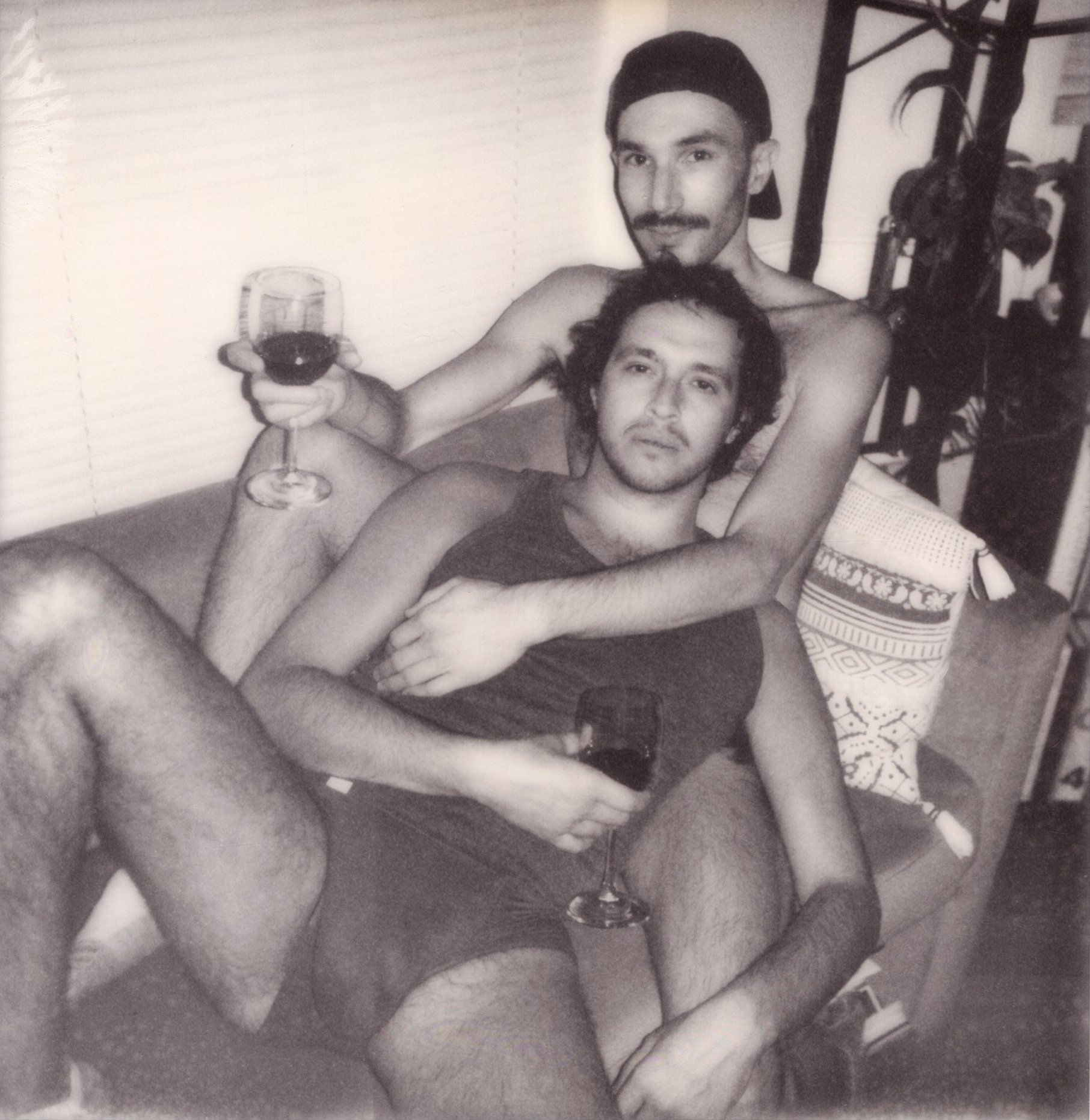   Tynan and Richie with wine , 2023, 4.25" x 3.5”, Polaroid SX-70 print 