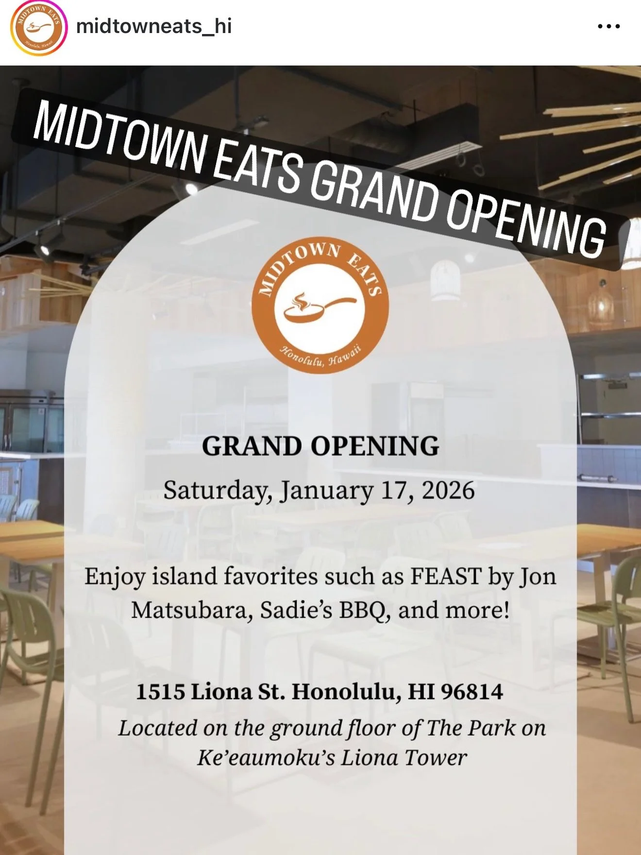 Exciting to be working with @midtowneats_hi for their Grand Opening this Saturday, Jan. 17th at 10am at The Park on Ke&rsquo;eaumoku!!
Bring your &lsquo;OHANA, grab some delicious FOOD, and visit us outside under the tent for some beautiful ** FREE**