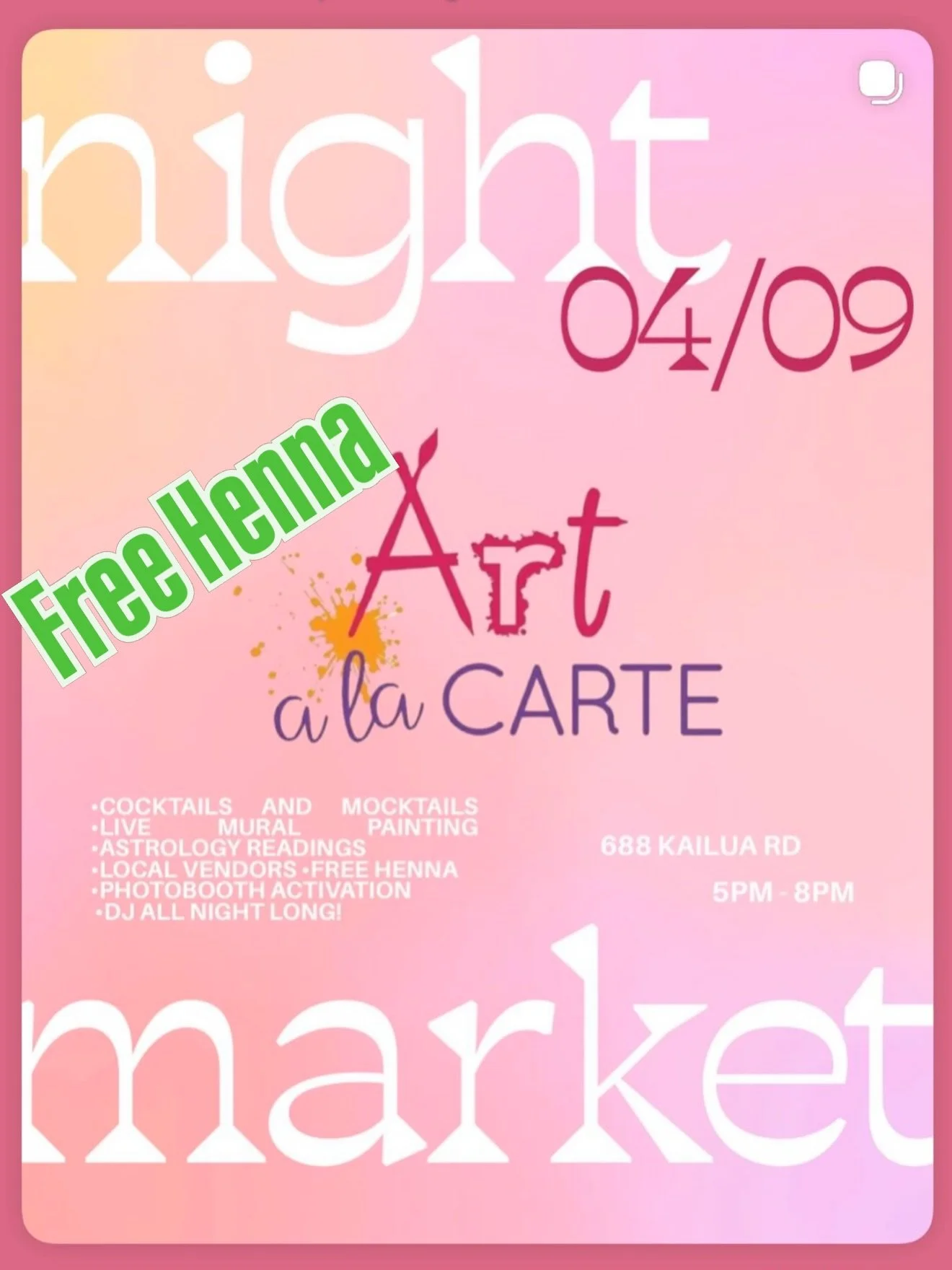 Get ready for the April Night Market with @artalacarte_hawaii. We're hosting a FREE HENNA activation, and you can also groove to a DJ, grab a drink at the bar, explore craft activities, get an astrology reading, and shop from fantastic vendors.

@sar