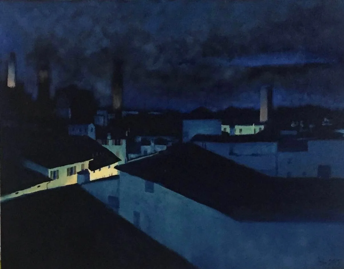Rooftops at night, Bologna, Italy; Oil on Canvas; 11"x14", 2017