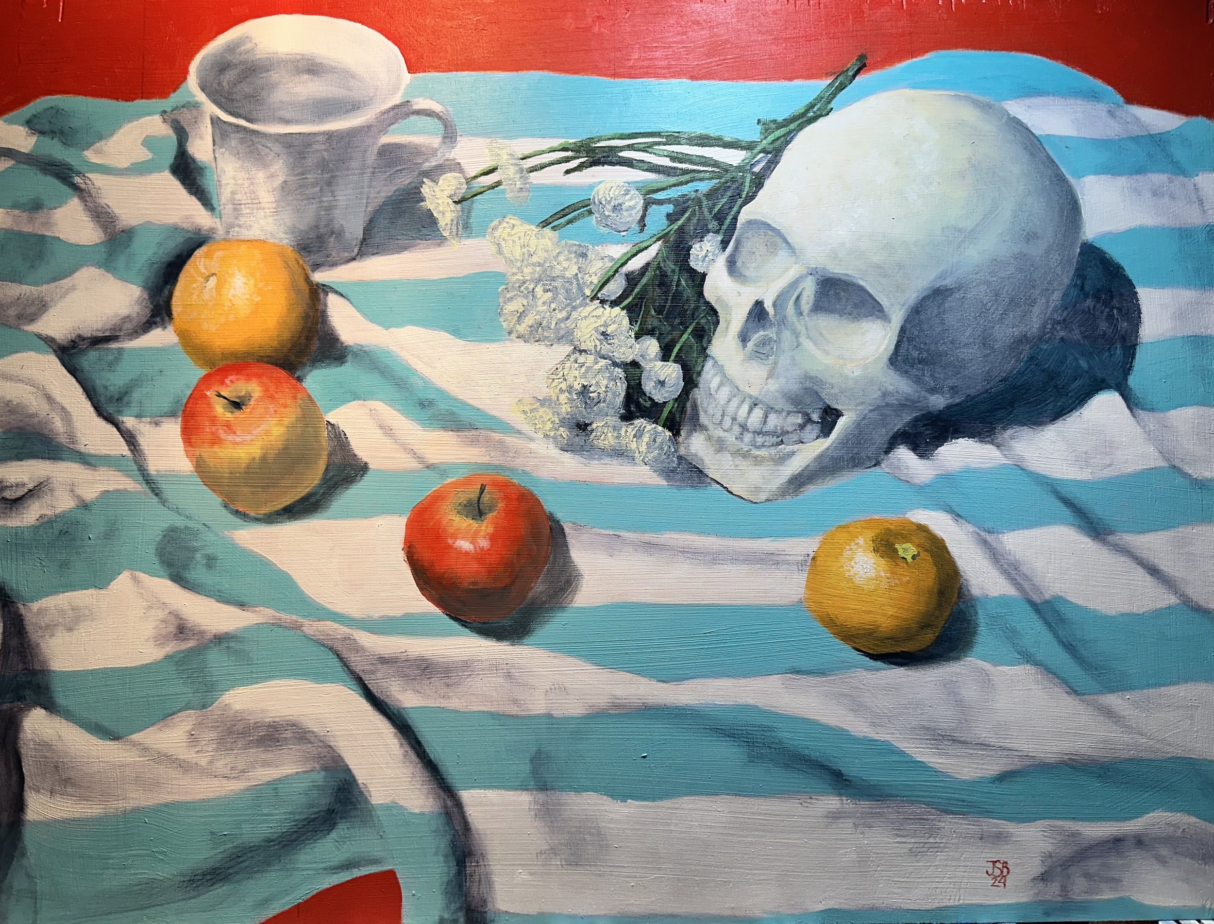 Still Life on Beach Towel, Oil on Wooden Panel, 18”x24”; 2024