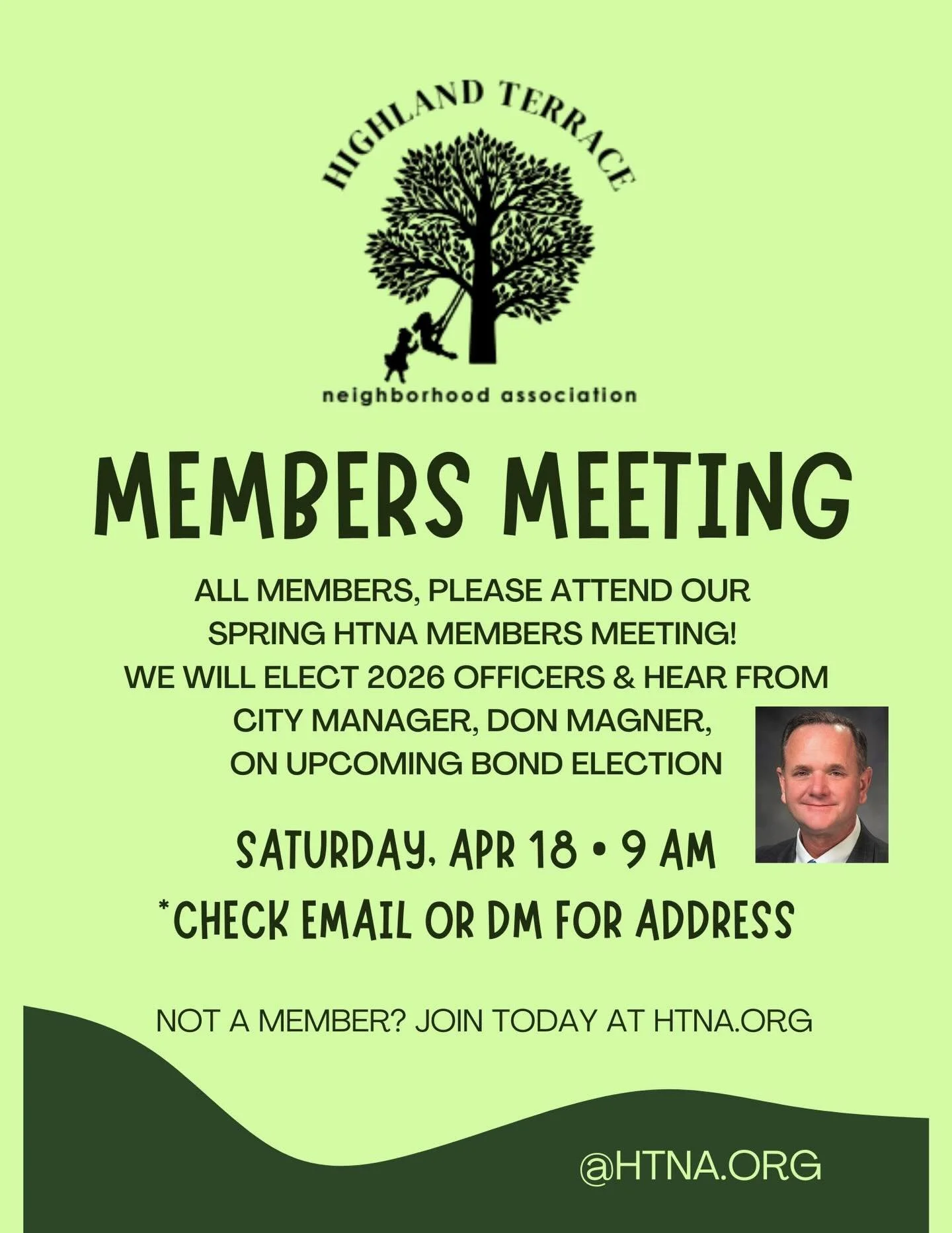 HTNA Members Meeting this Saturday, April 18 at 9 AM. Our City Manager, Don Magner, will share about the upcoming Bond election and we will also vote for 2026 HTNA Officers. Breakfast and coffee will be served!

*members check email or DM for address