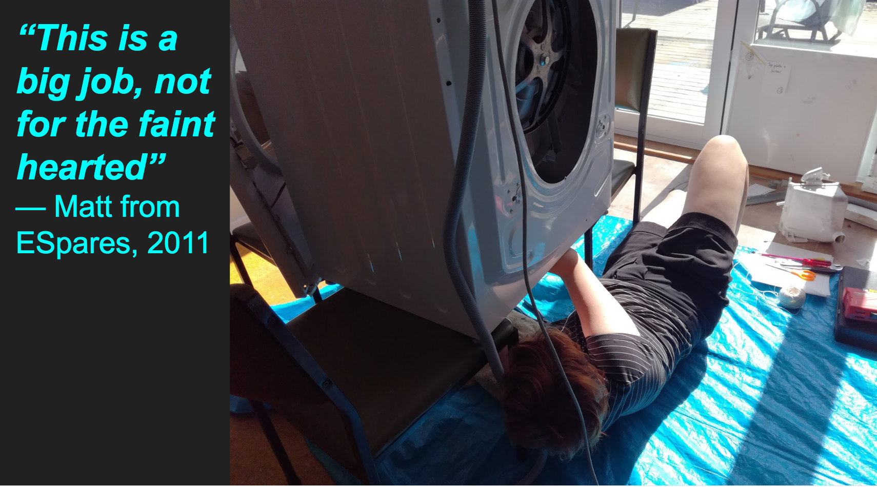 Presentation slide: Image of author fixing her washing machine