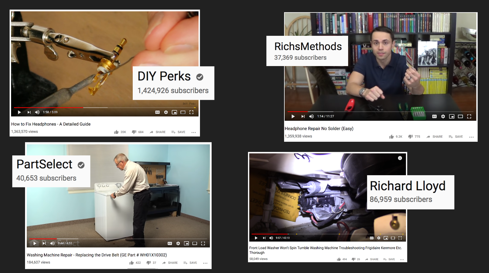 Presentation slide: screen caps from YouTube fixit videos