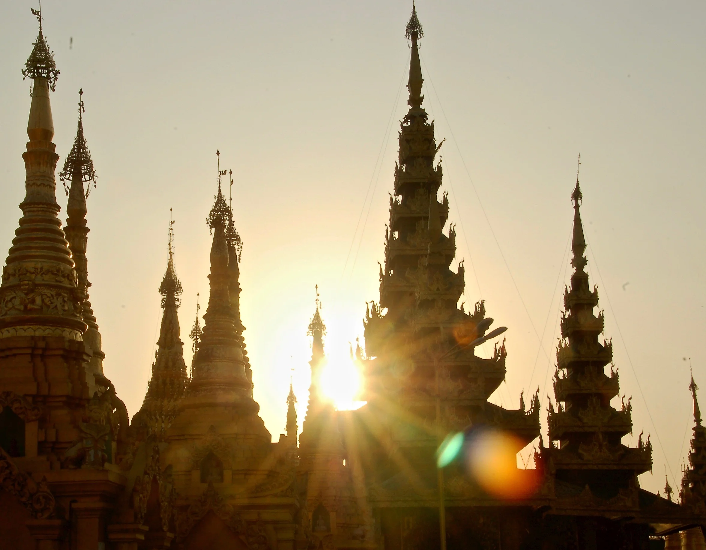 Sunset at the Shwedagon Pagoda in Yangon, Myanmar.