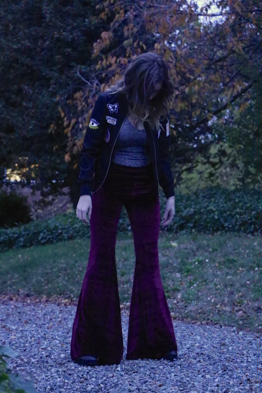 purple velvet bell bottoms