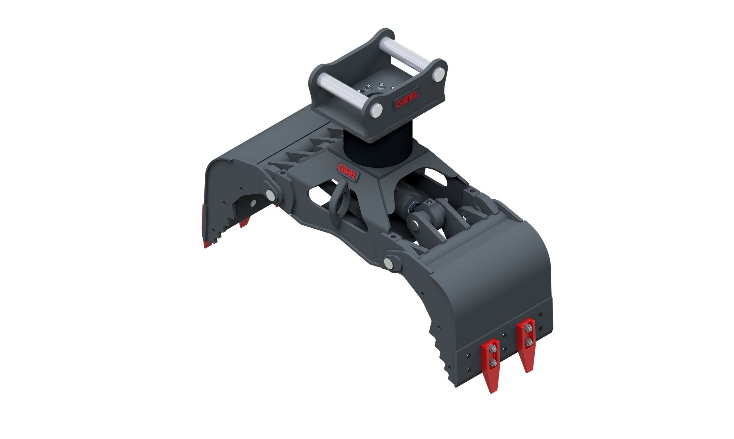 Multigreifer grau mit roten Akzenten, auf schwarzem Hintergrund.