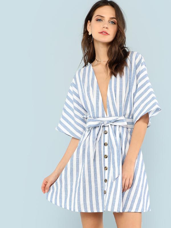 Deep V Neck Button Front Striped Dress