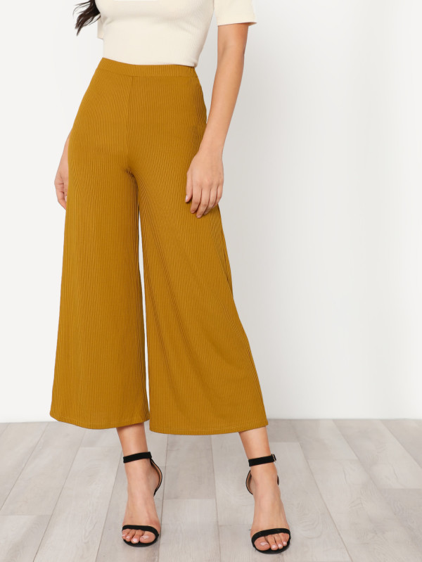 Elastic Waist Solid Culotte Pants