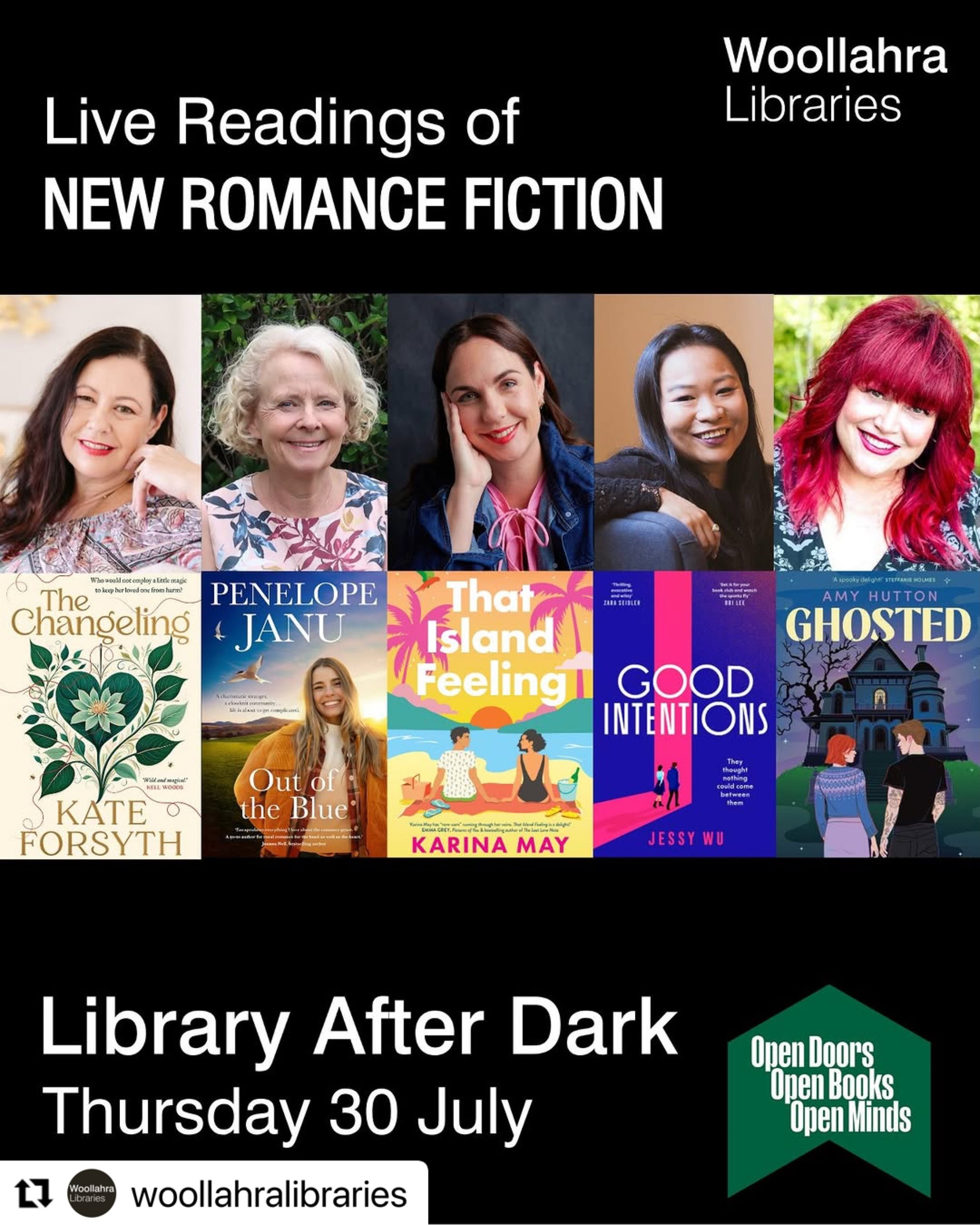 Thursday 30 July. Four authors who will talk about romance and relationships and women&rsquo;s stories and the important things in life. This will be fabulous and we hope to see you at the library after dark. 

#Repost @woollahralibraries with @use.r