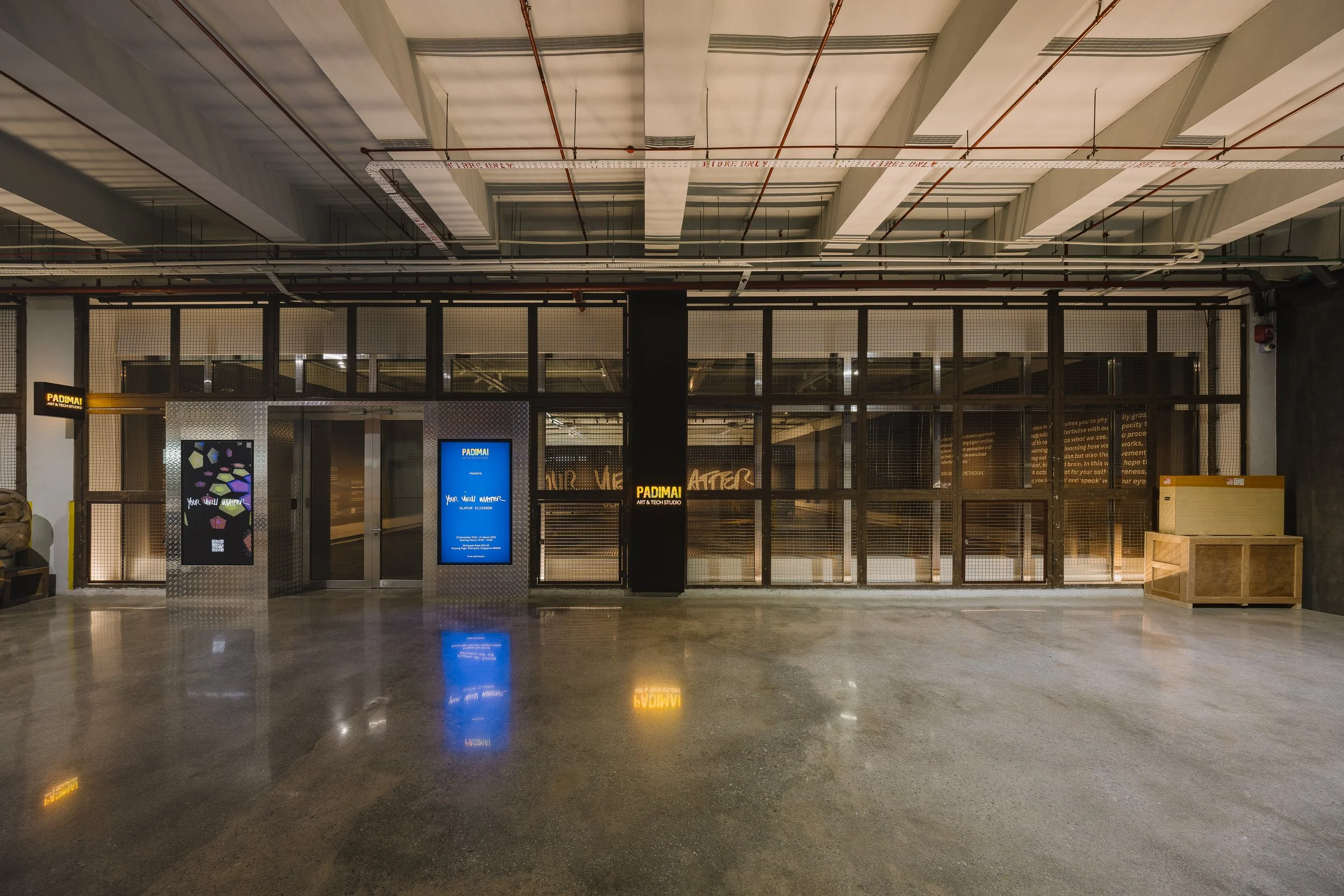 Padimai Art Tech Studio Singapore, a contemporary art and technology exhibition space featuring industrial-inspired architecture and modern gallery interiors.