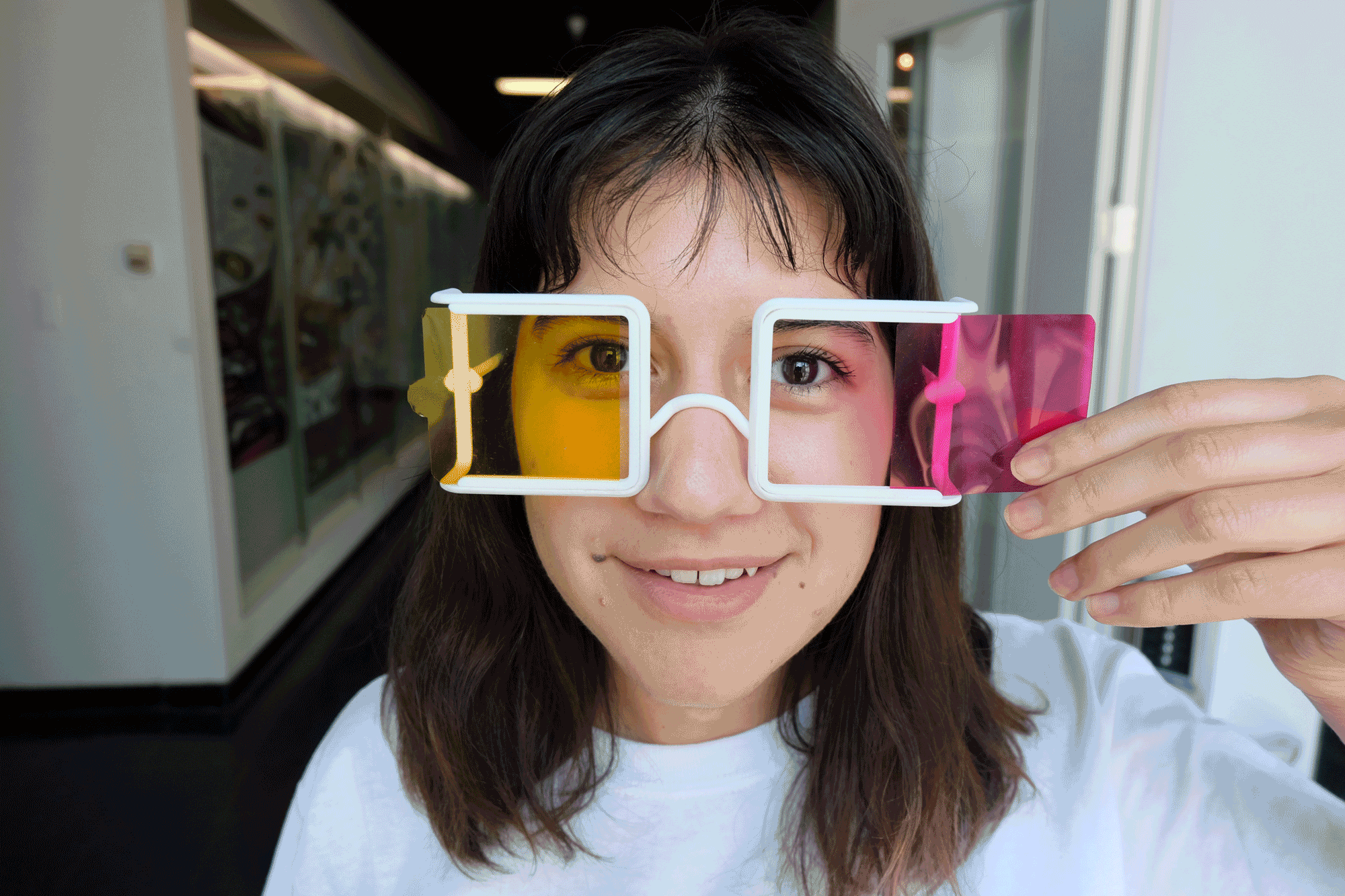 The Hue frames are open, 3D printed frames with tracks for colored gel lenses to slide in and out of. Changing the color combinations on each eye by removing or adding colors allows the user to create perceptual experiments. 
