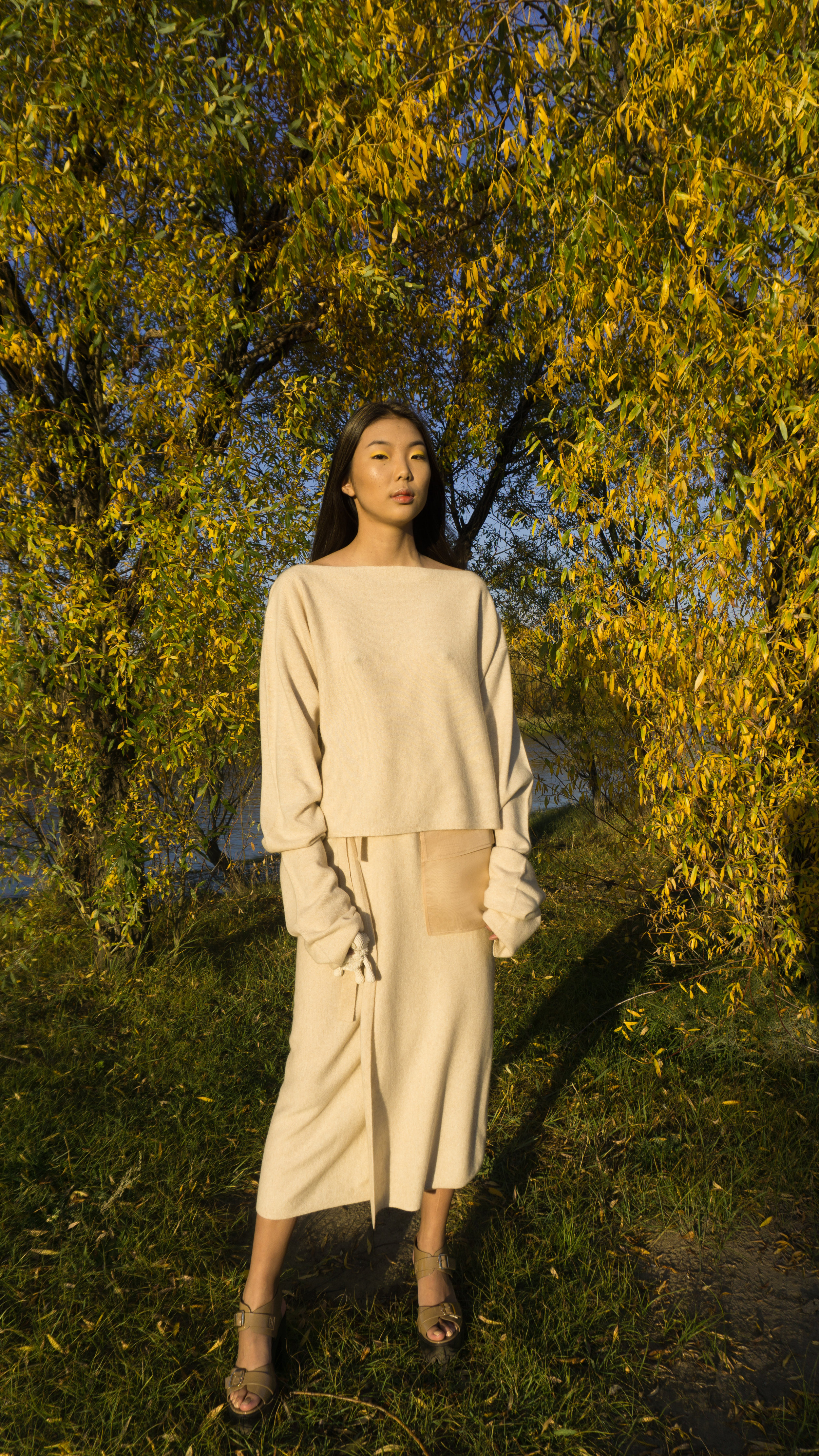 Mandkhai SS18 long sleeve top and wrap skirt shot in Mongolia