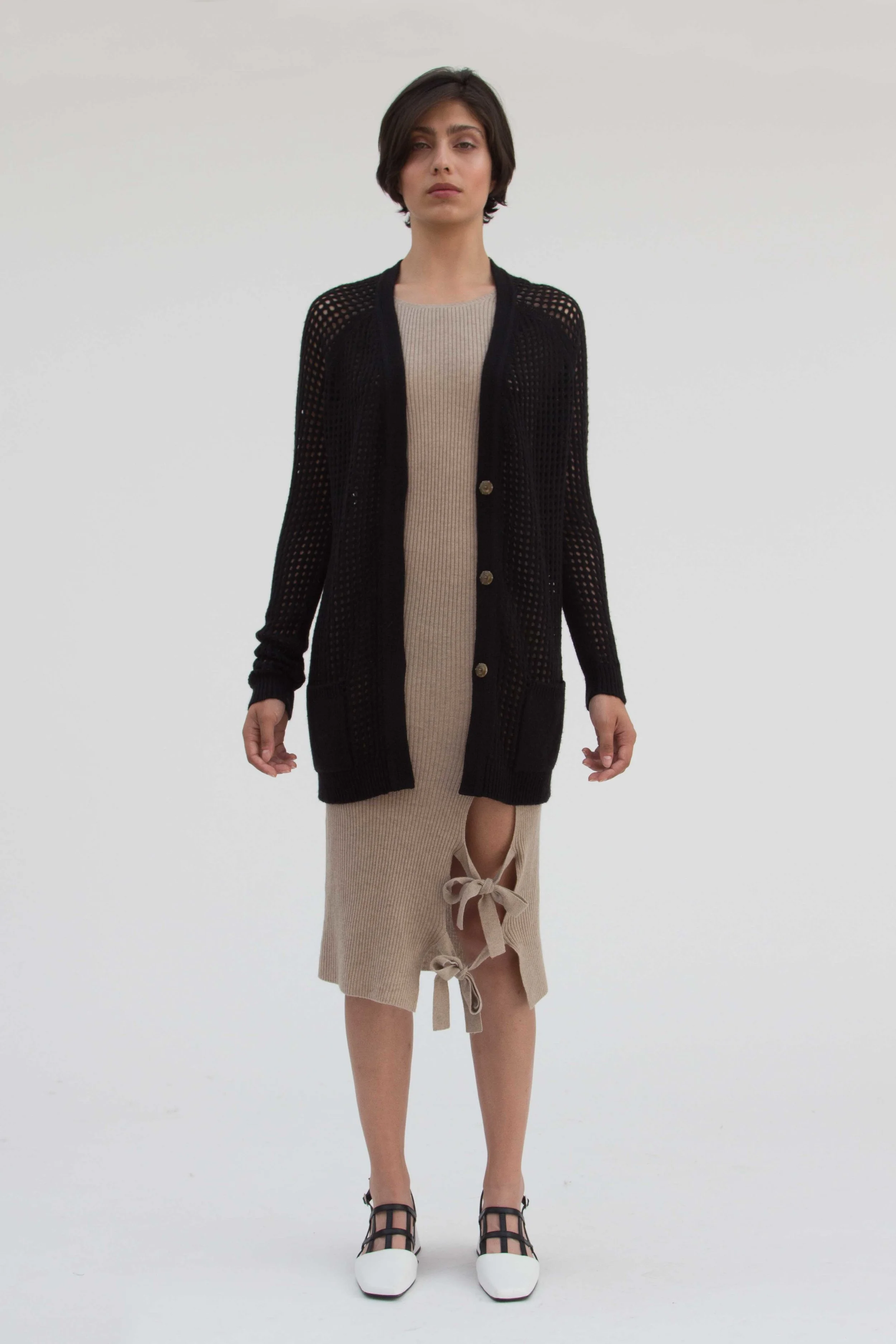 black mongolian cashmere and merino wool peephole cardigan