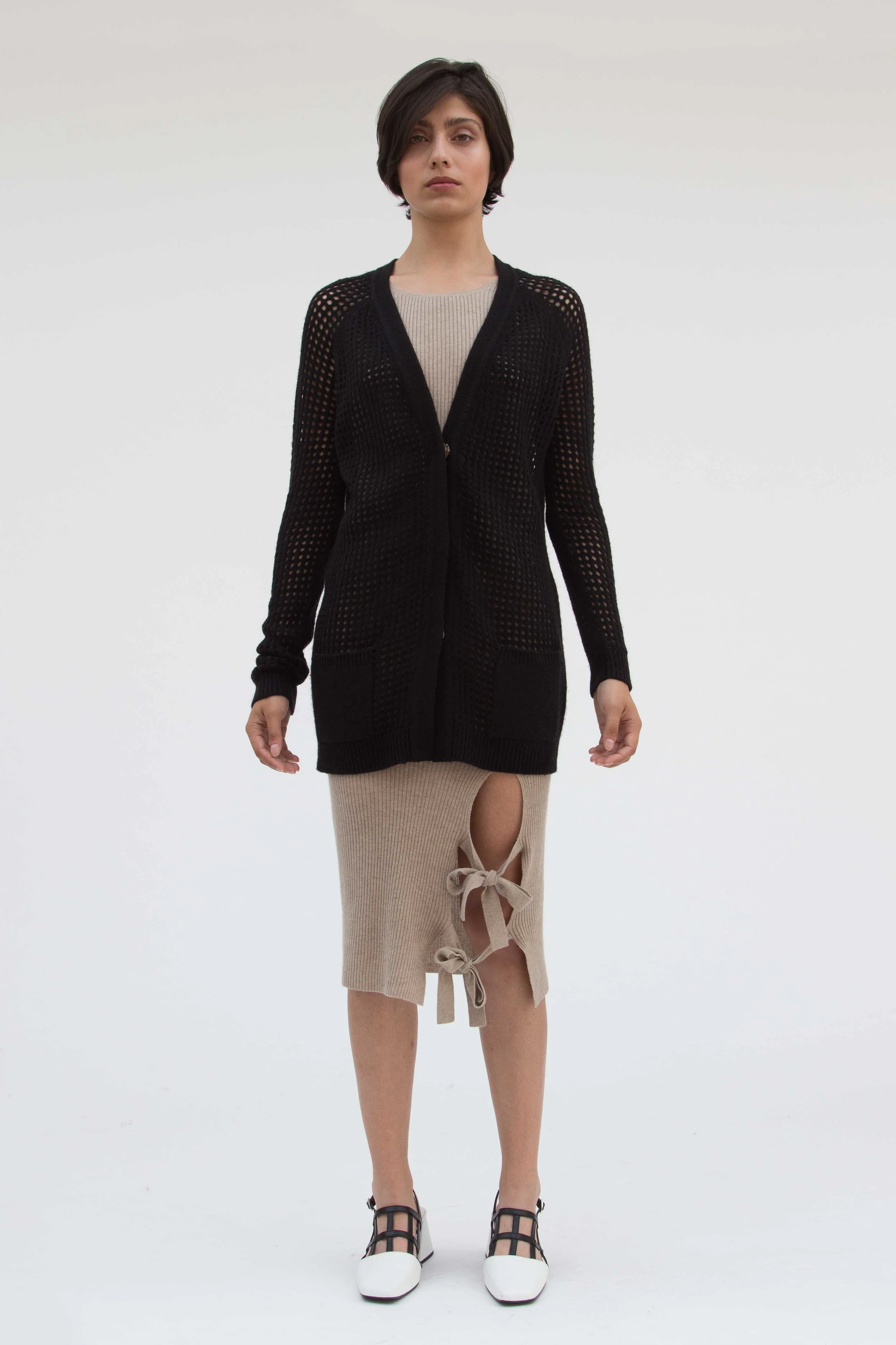 black mongolian cashmere and merino wool peephole cardigan