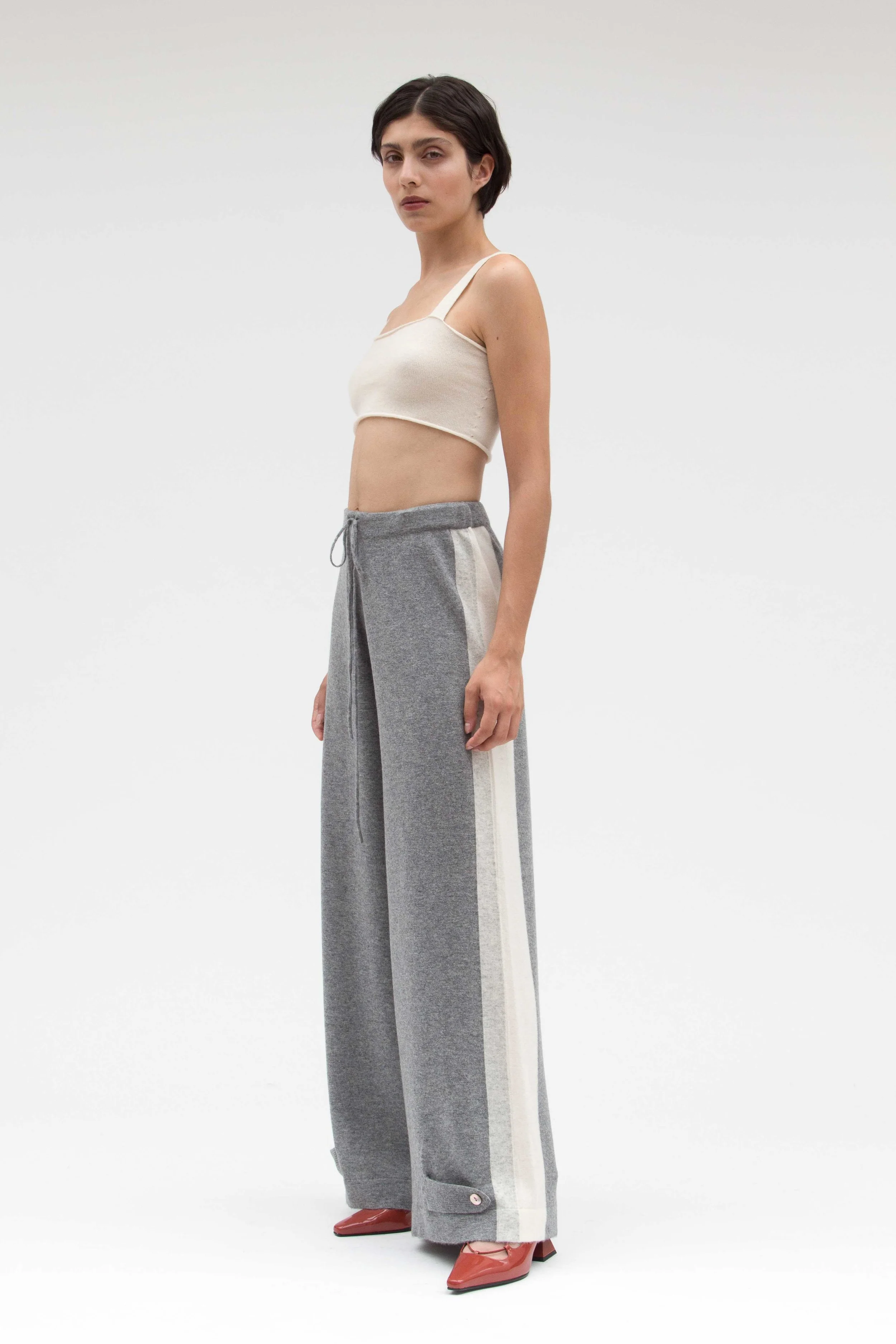 grey and white cashmere wide leg buckle trouser