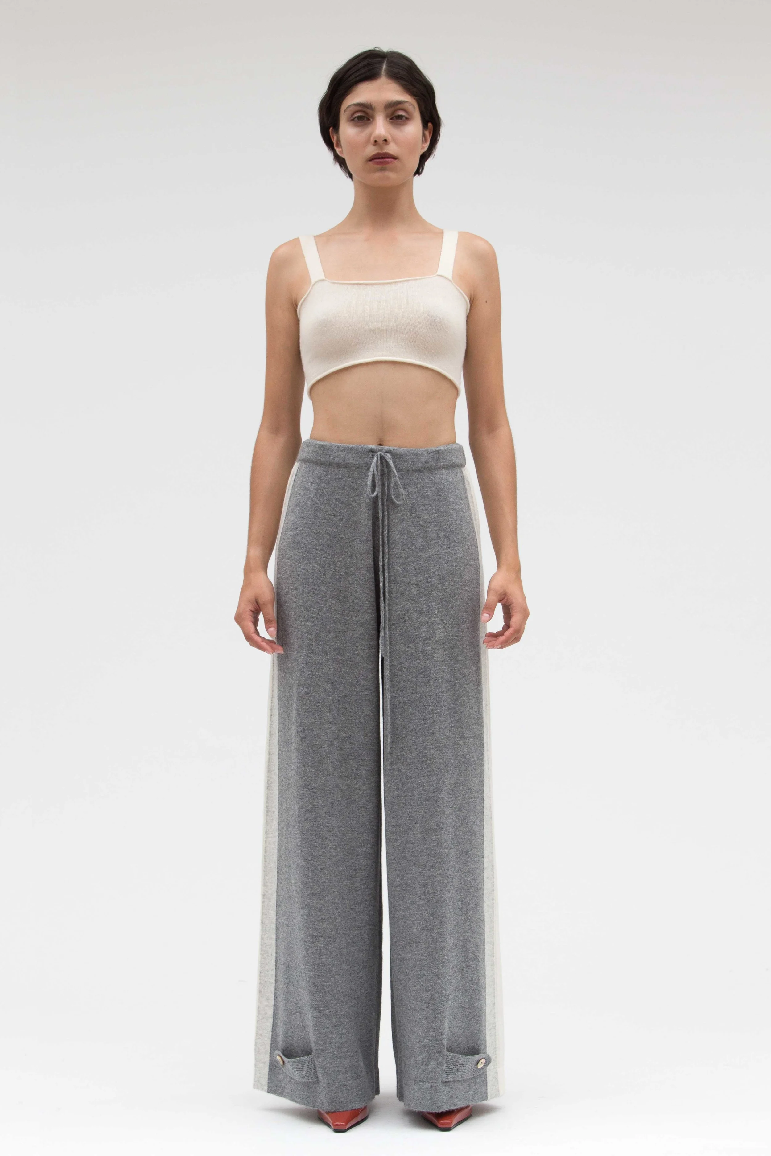 grey and white cashmere buckle trouser