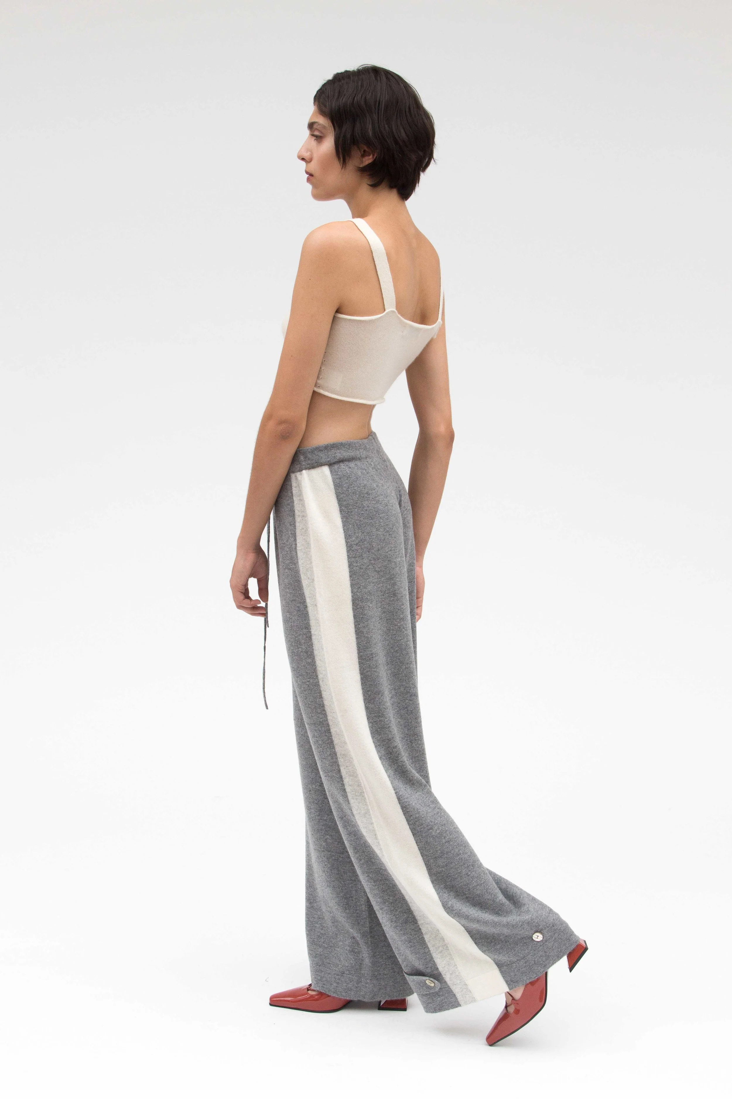 grey and white cashmere wide leg buckle trouser