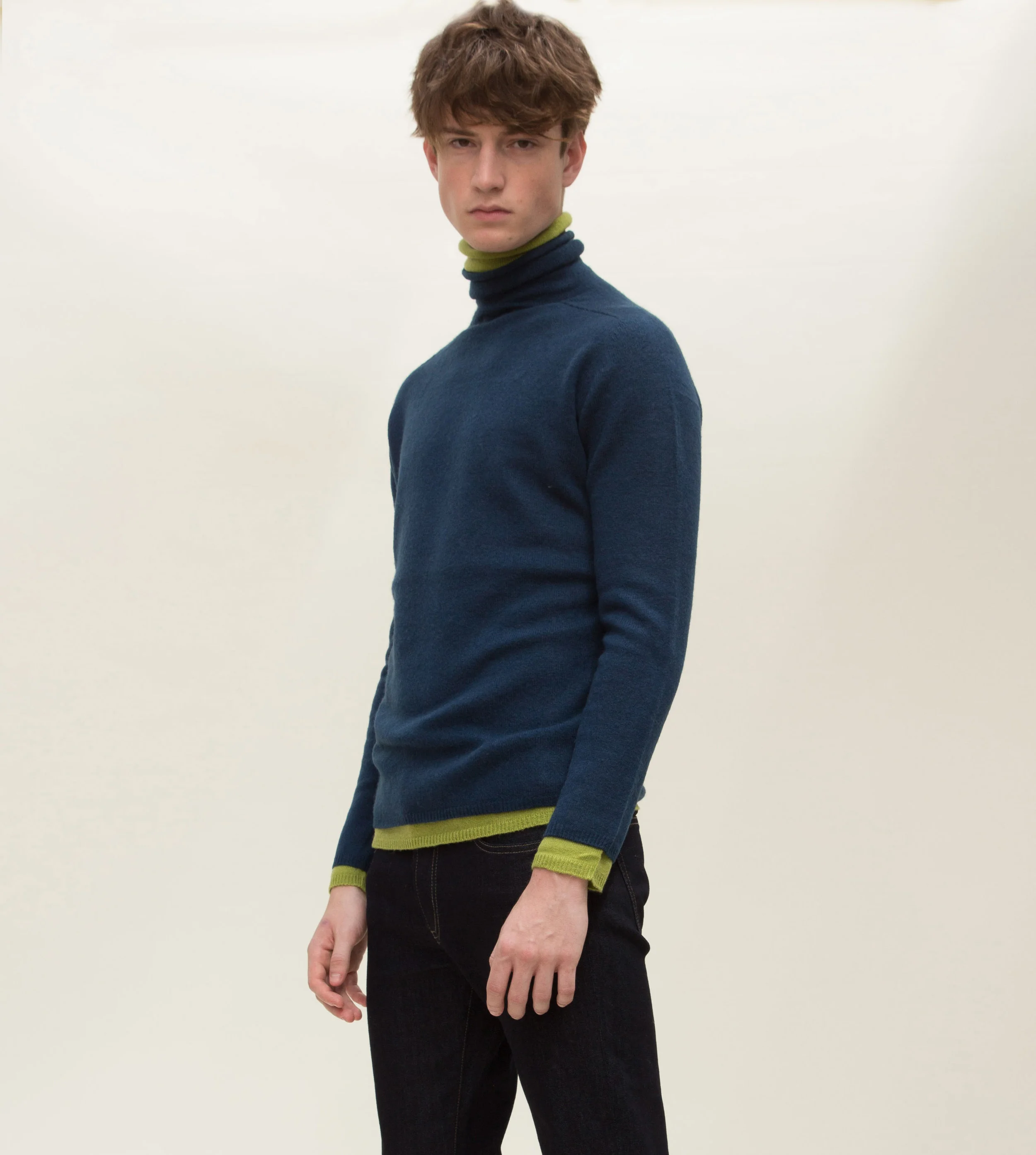 cashmere double layer jumper in blue and green