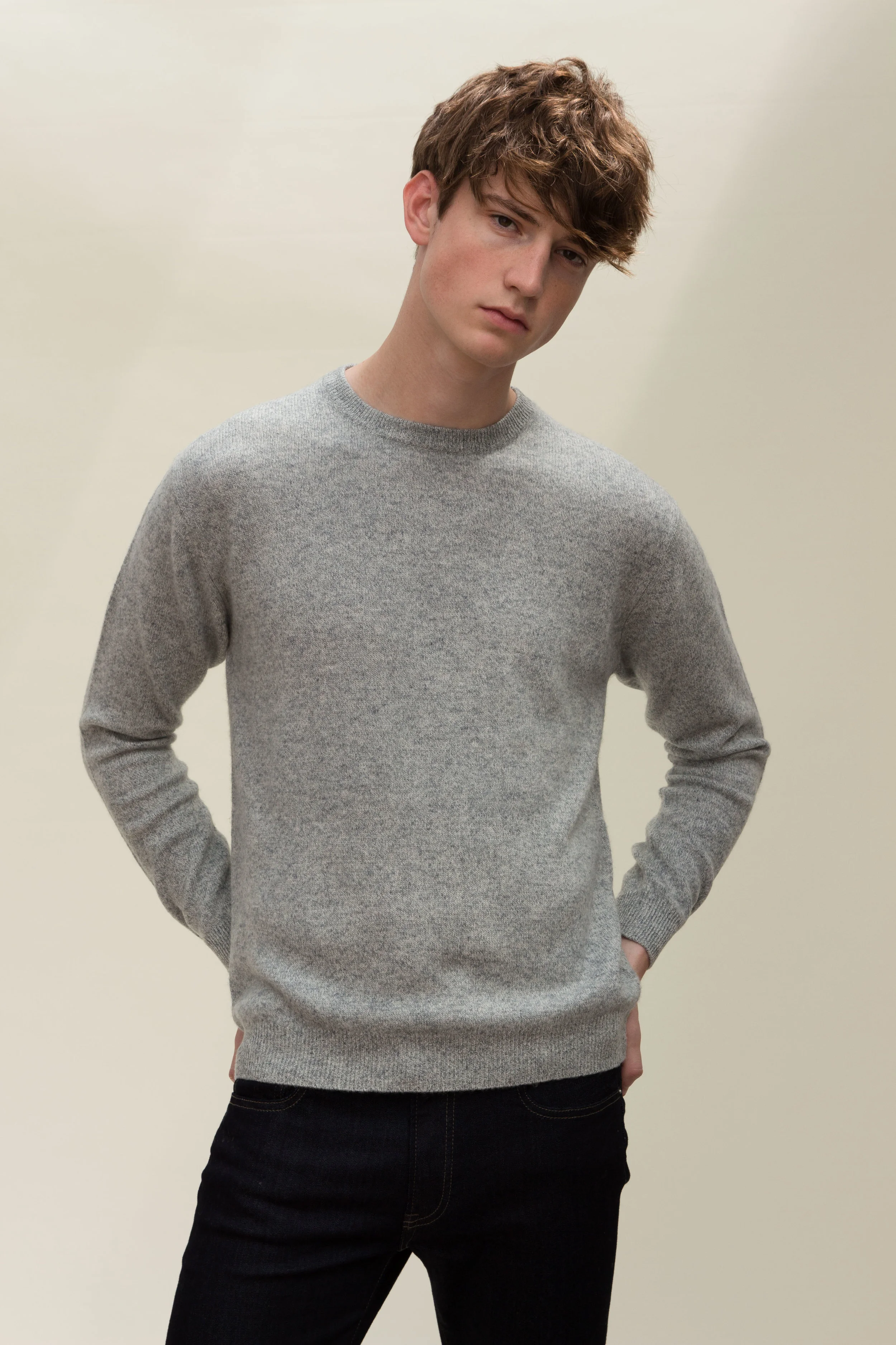 mens light grey melange cashmere round neck jumper